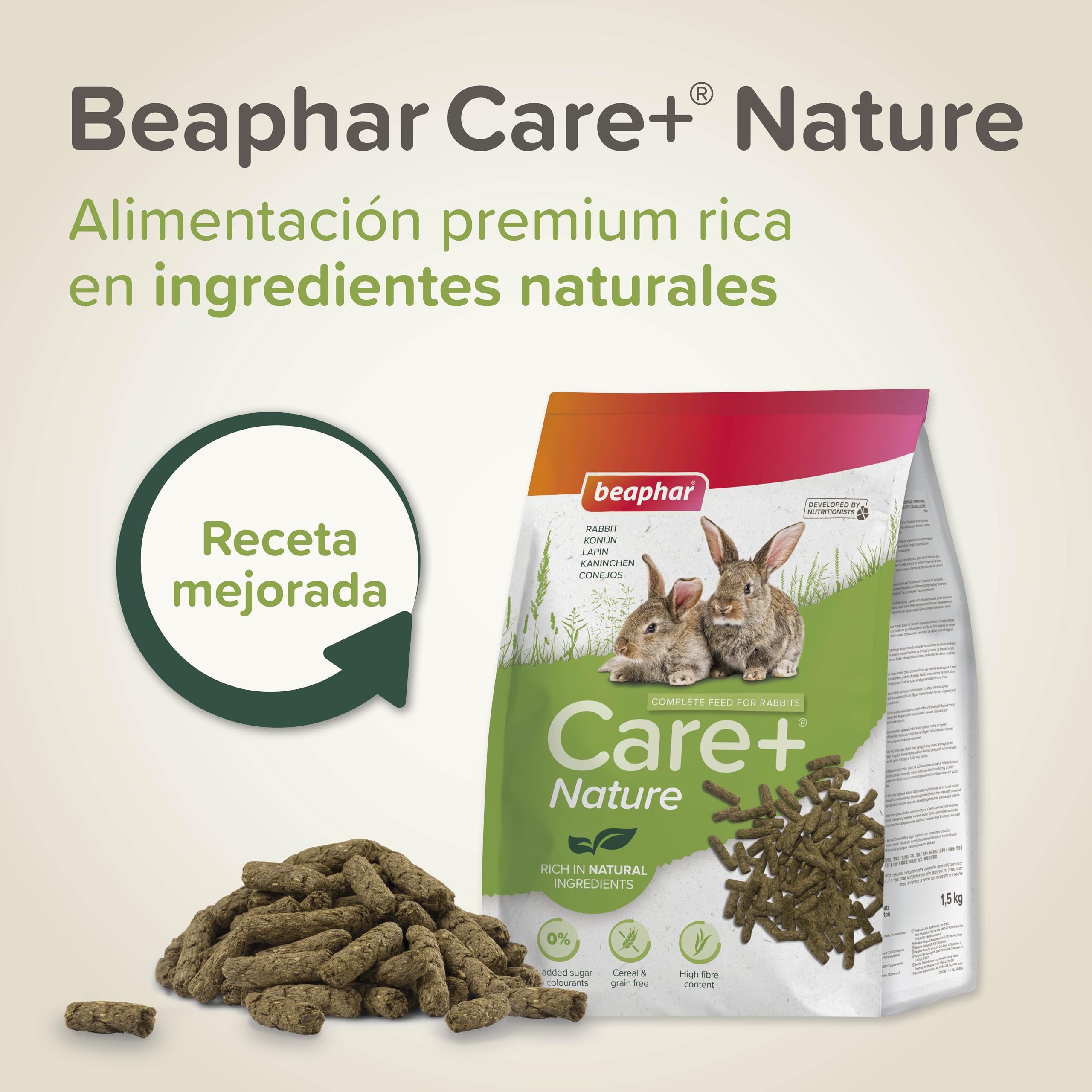 Beaphar Care+® Nature Conejo - Alimento Natural para Conejos sin Cereales, Rico en Fibra y heno Timothy - pellets Todo en uno - 1,5 kg