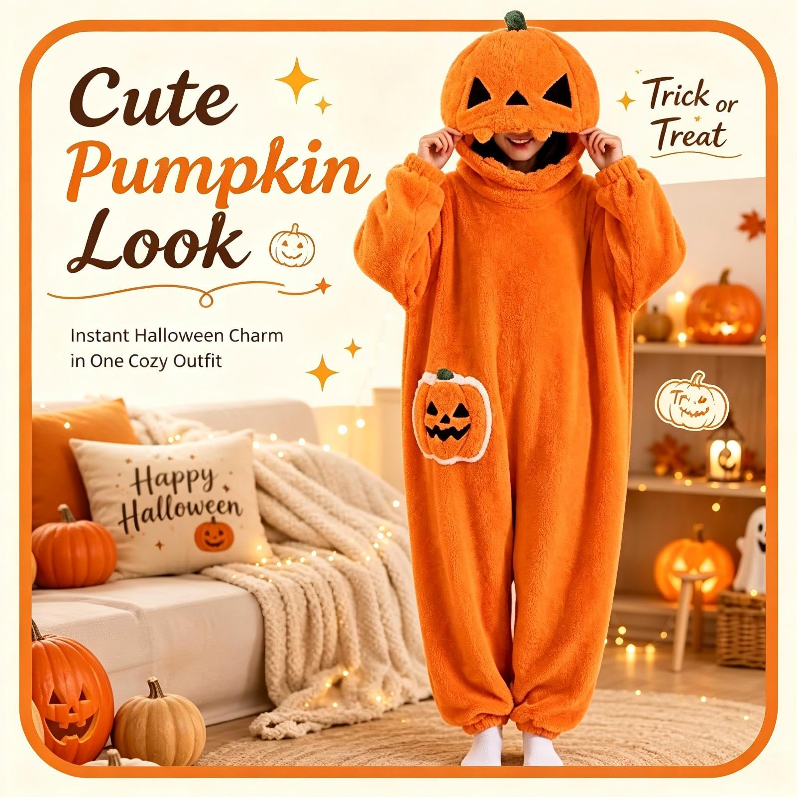 Generico Pigiama Intero Zucca Halloween in Peluche con Cappuccio Oversize | Goditi il ​​massimo comfort e uno stile festoso con questa tutina in peluche a forma di zucca, perfetta per Halloween