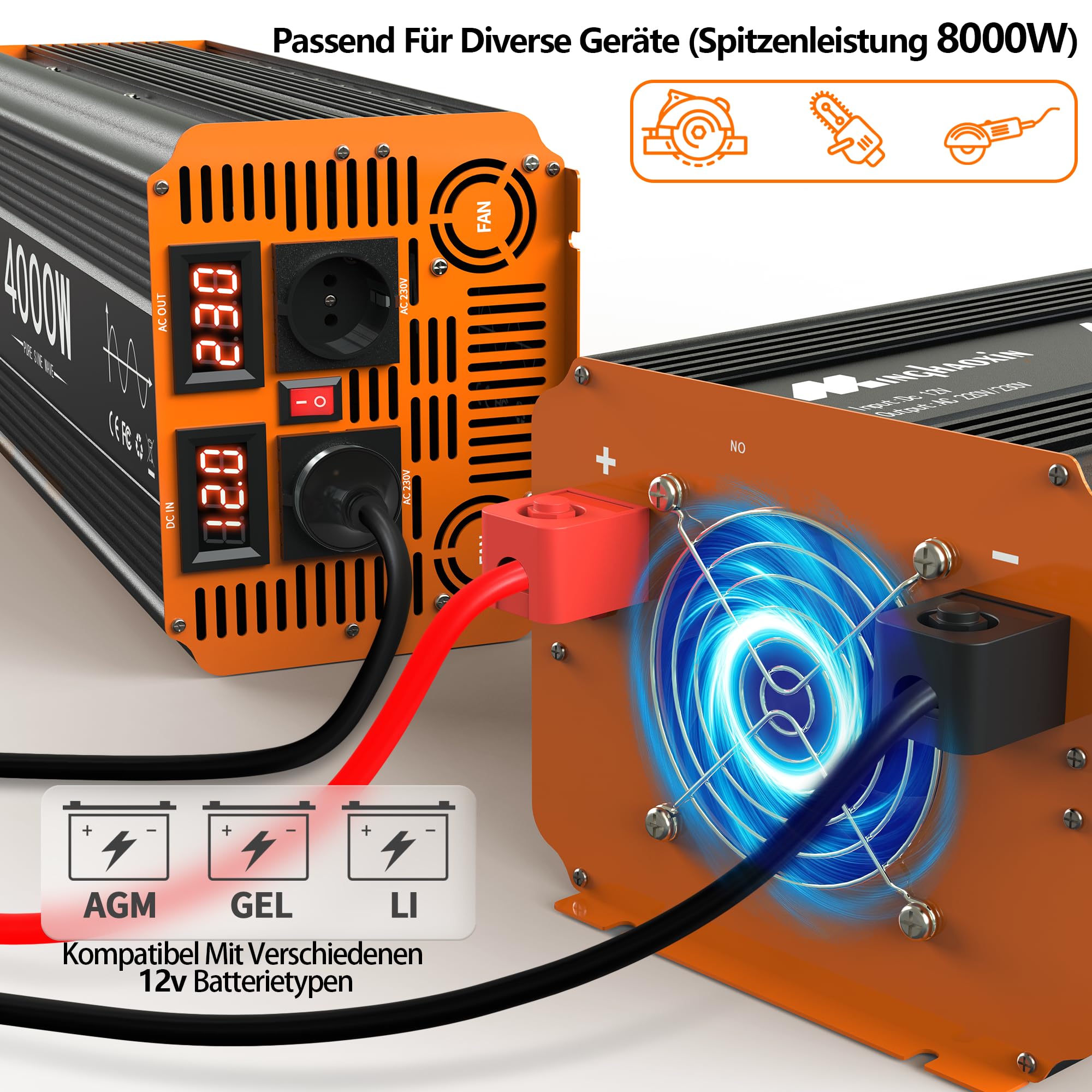 4000W Wechselrichter Reiner Sinus 12V auf 230V KFZ Spannungswandler mit LED AC Steckdosen, Solar Power Inverter für LKW, Haus, Fahrzeuge, Reise 8000W Peak KFZ Konverter
