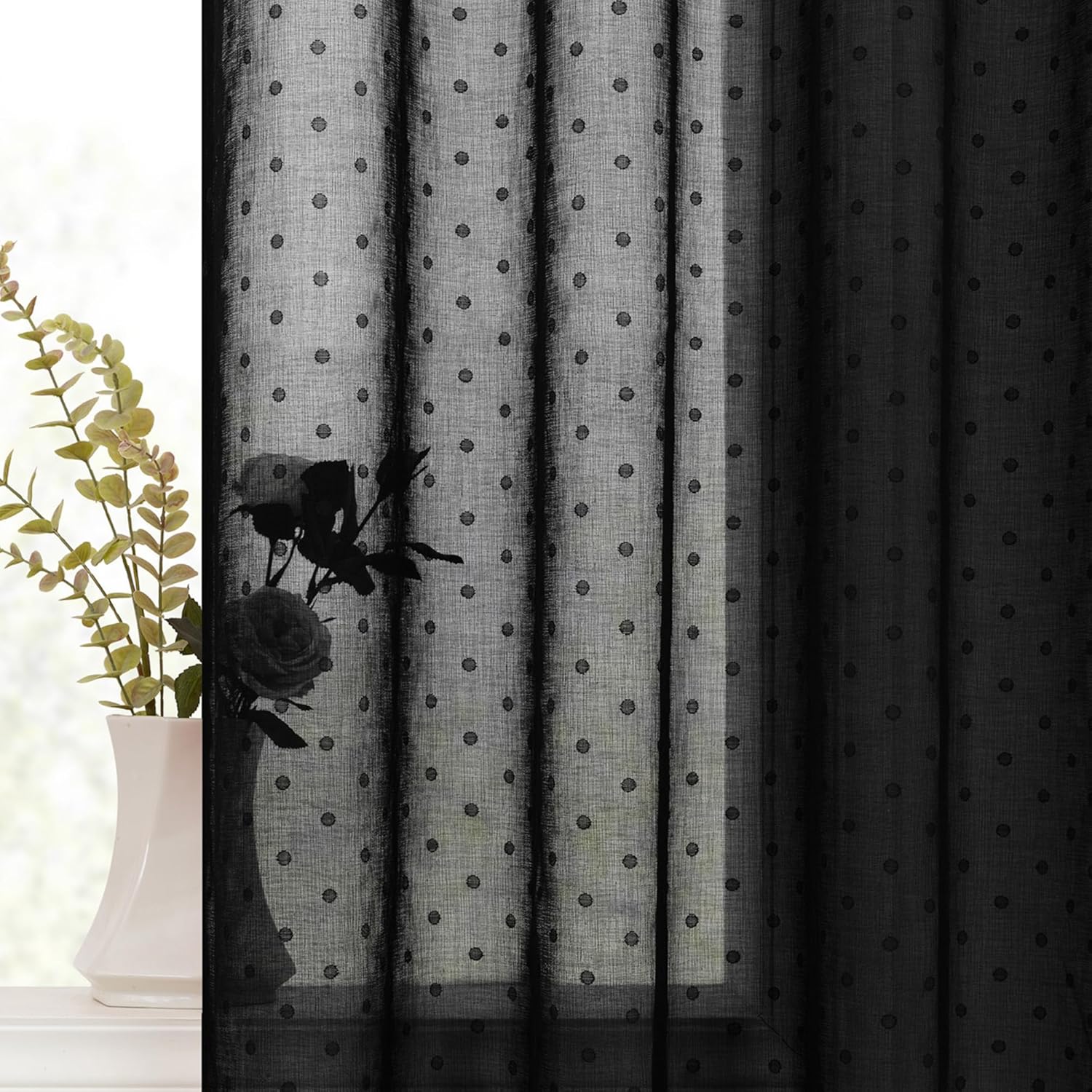 Sheer Black Curtains 96 Inches Long 2 Panels Set Polka Dots Modern Farmhouse Textured Gauze Curtain for Patio Home Office Grommet Top Lighteweight Airy Window Voile Drapes for Living Room Decor