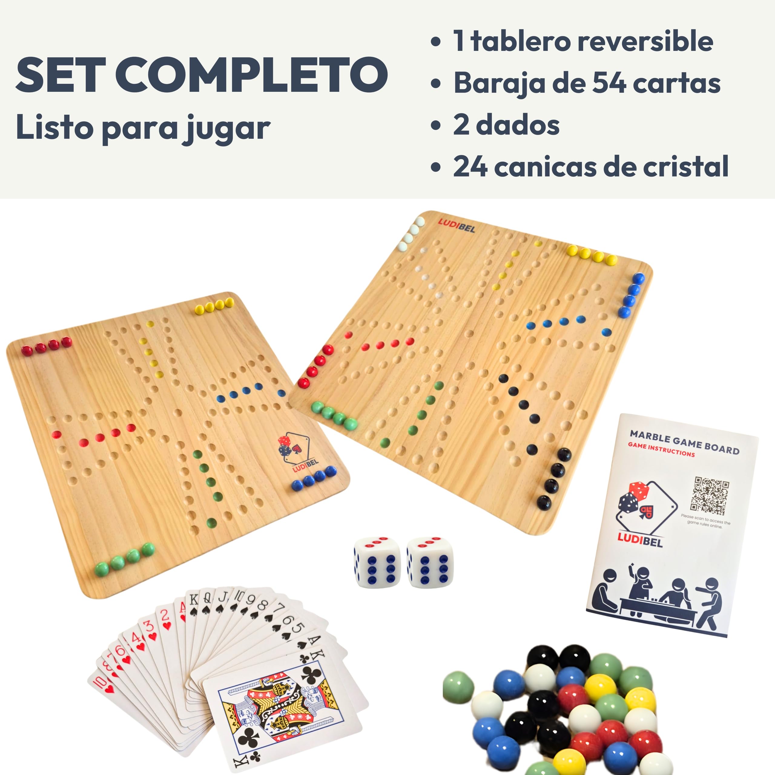 Juego de Ludo/Parchís XL 4–6 Jugadores – Tablero Reversible 40x40 cm de Madera Maciza – Compatible con Tock y Jackaroo – con Cartas o Dados – Incluye Canicas de Cristal