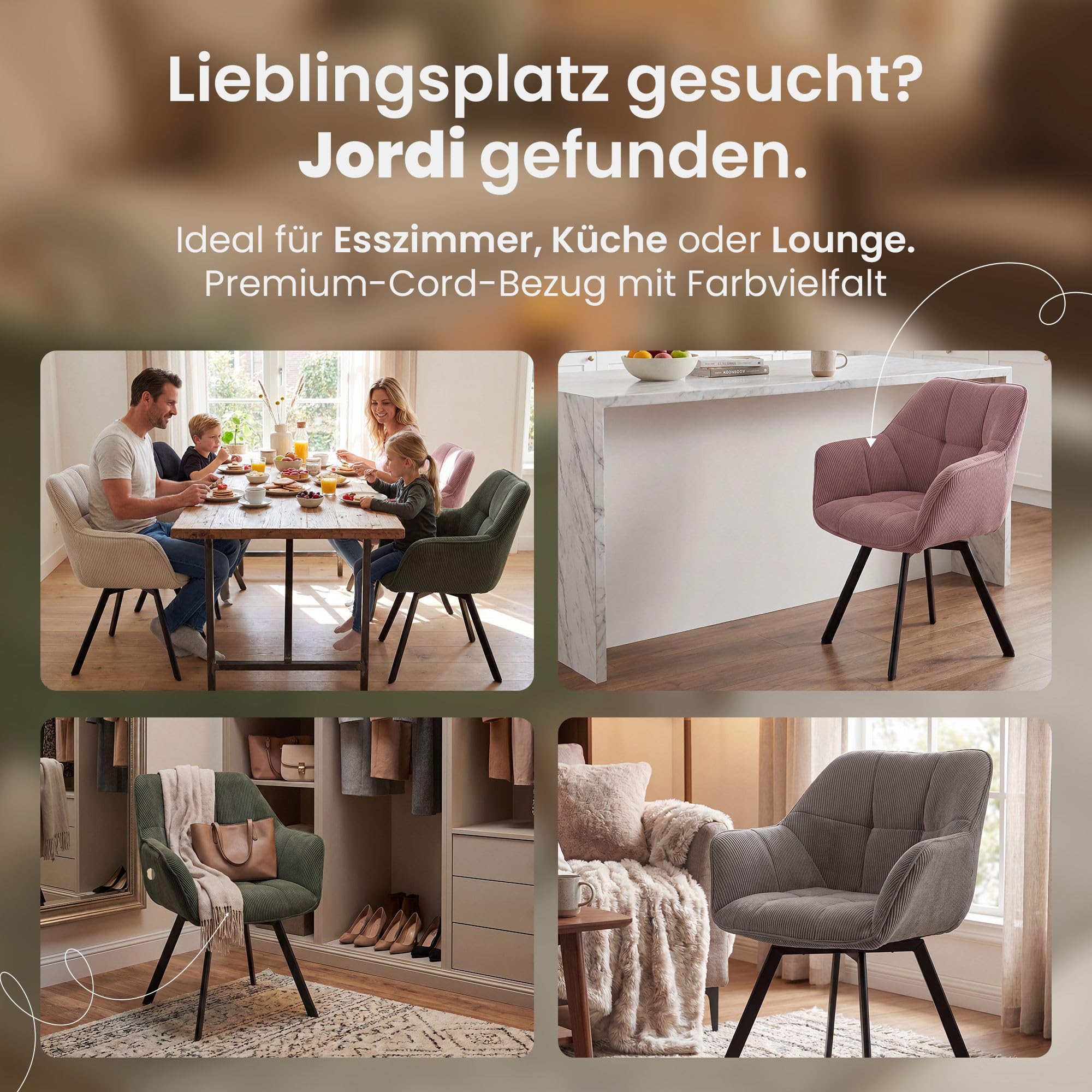 CLP Esszimmerstuhl 2er Set ergonomisch Jordi Cord, drehbar mit Armlehnen, Polstersessel, 4-Fuß-Metallgestell, bis 150 kg, mit Bodenschonern, Farbe:grün