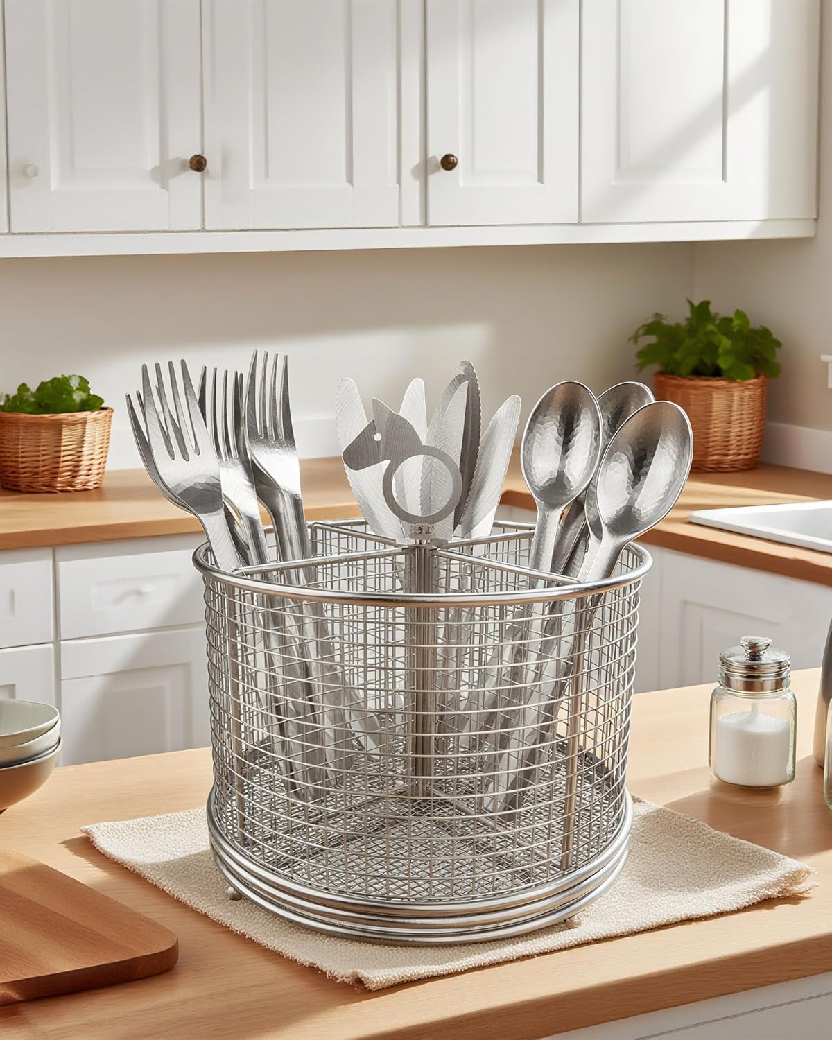 360° Rotating Utensil Caddy, 304 Stainless Steel 4 Compartment Utensil Holder Kitchen Countertop Silverware Flatware Organizer, Cutlery Holder with Pony Handle for Party Buffet Picnic Camping Outdoor