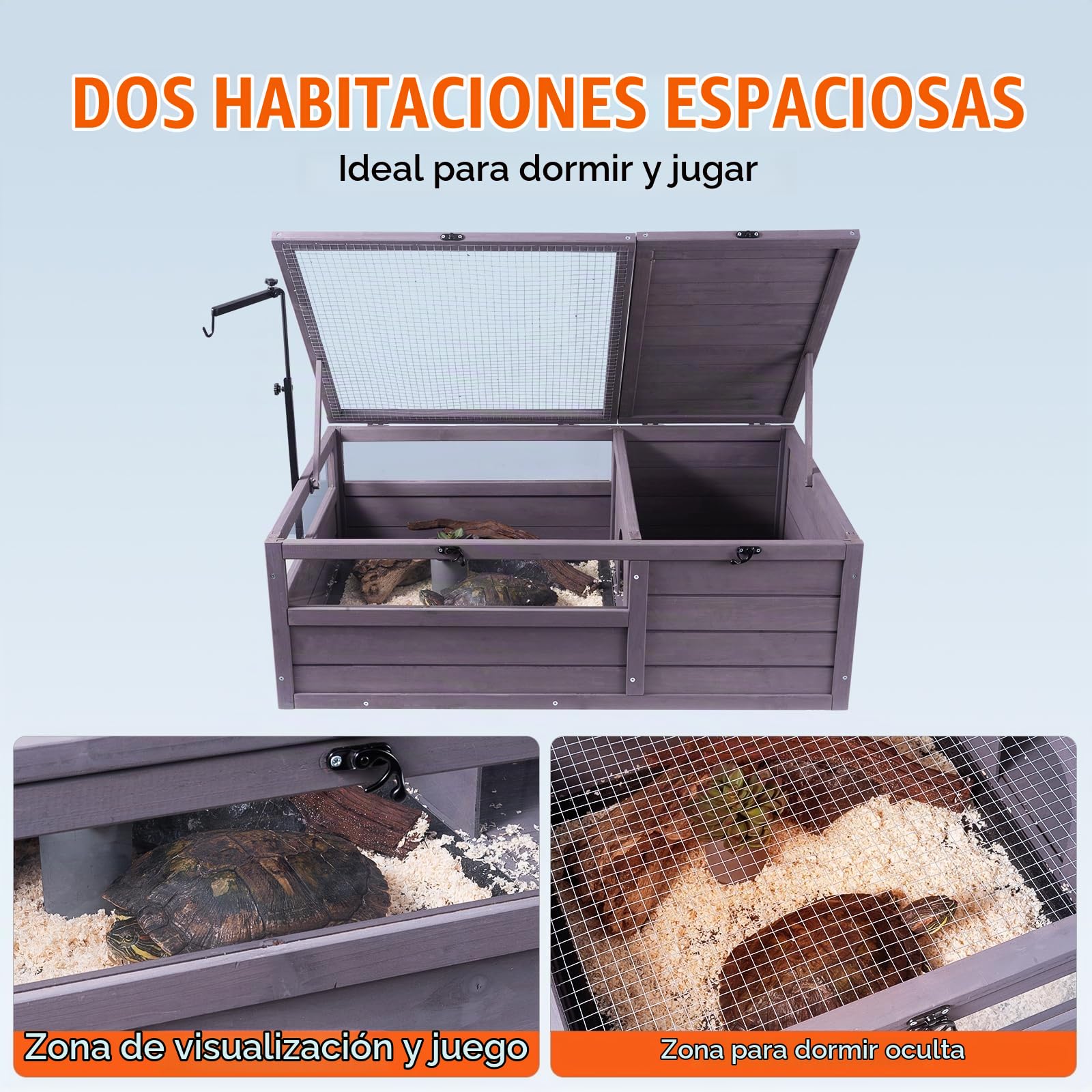 VEVOR Casa para Tortugas Hábitat de Tortugas Interior Exterior Caseta de Madera para Tortugas con Soporte de Iluminación Colgante para Reptiles, Animales Pequeños, Lagarto, Serpiente, 96,5x61x33 cm
