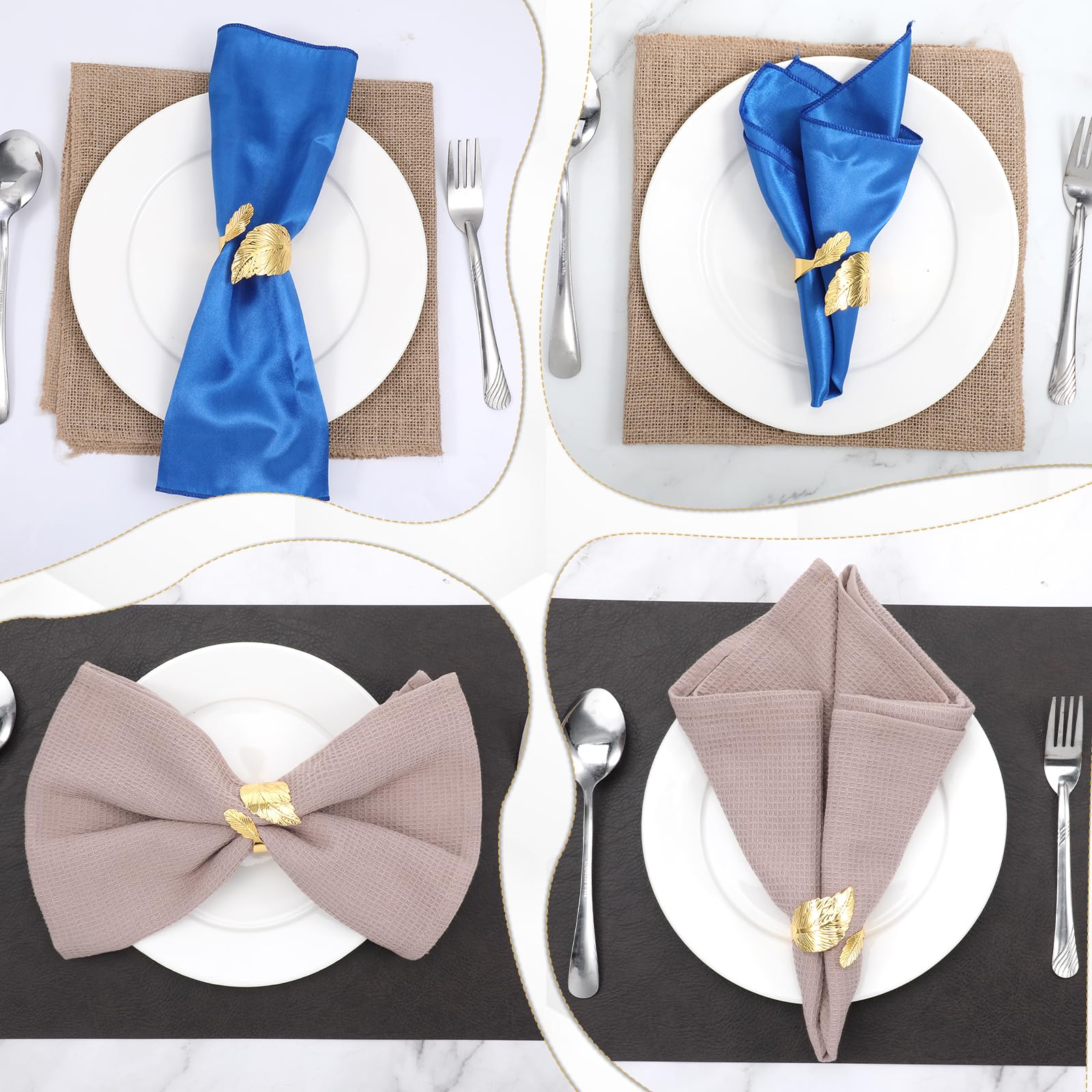 Lot de 100 ronds de serviette dorés en forme de feuille métallique pour mariages, fêtes, salle à manger et décoration de table de vacances