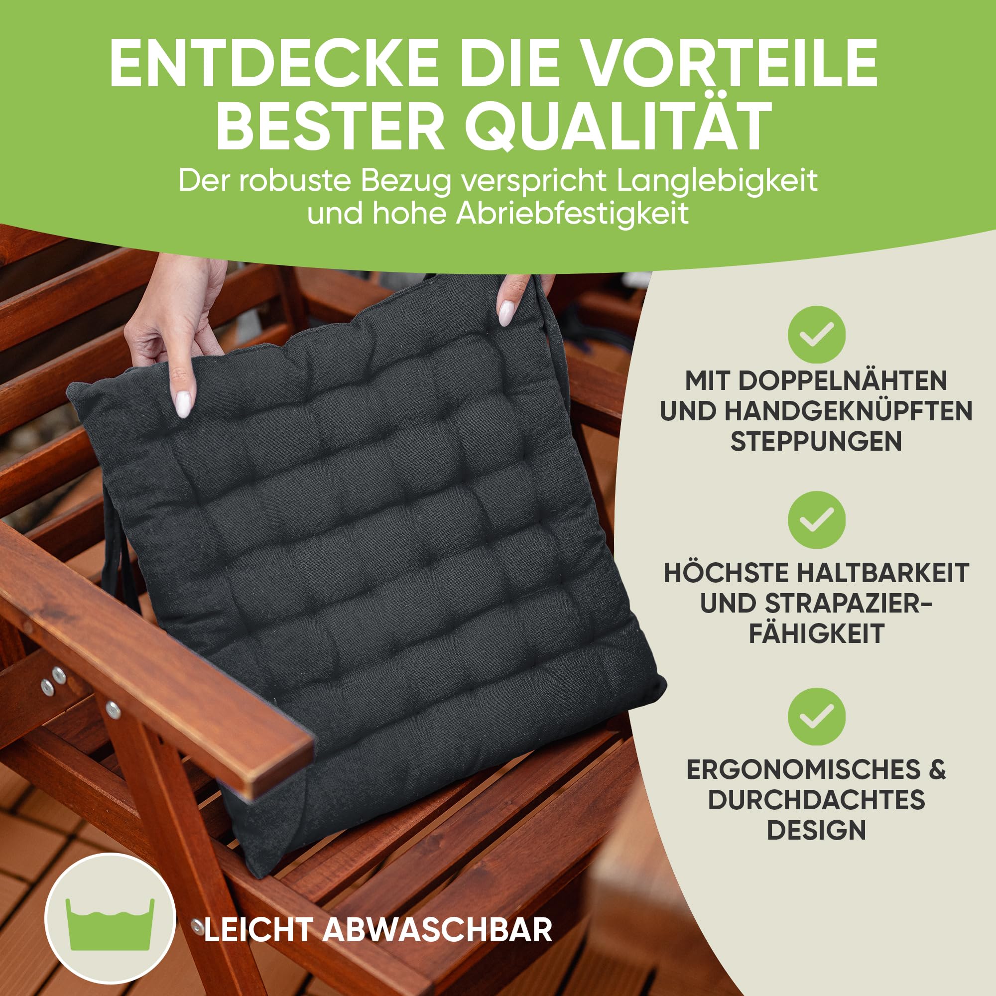 Gräfenstayn® Zestaw 4 bawełnianych poduszek do siedzenia 40 x 40 x 5 cm, z taśmami mocującymi do użytku wewnątrz i na zewnątrz, z znakiem Öko-Tex (antracytowy)