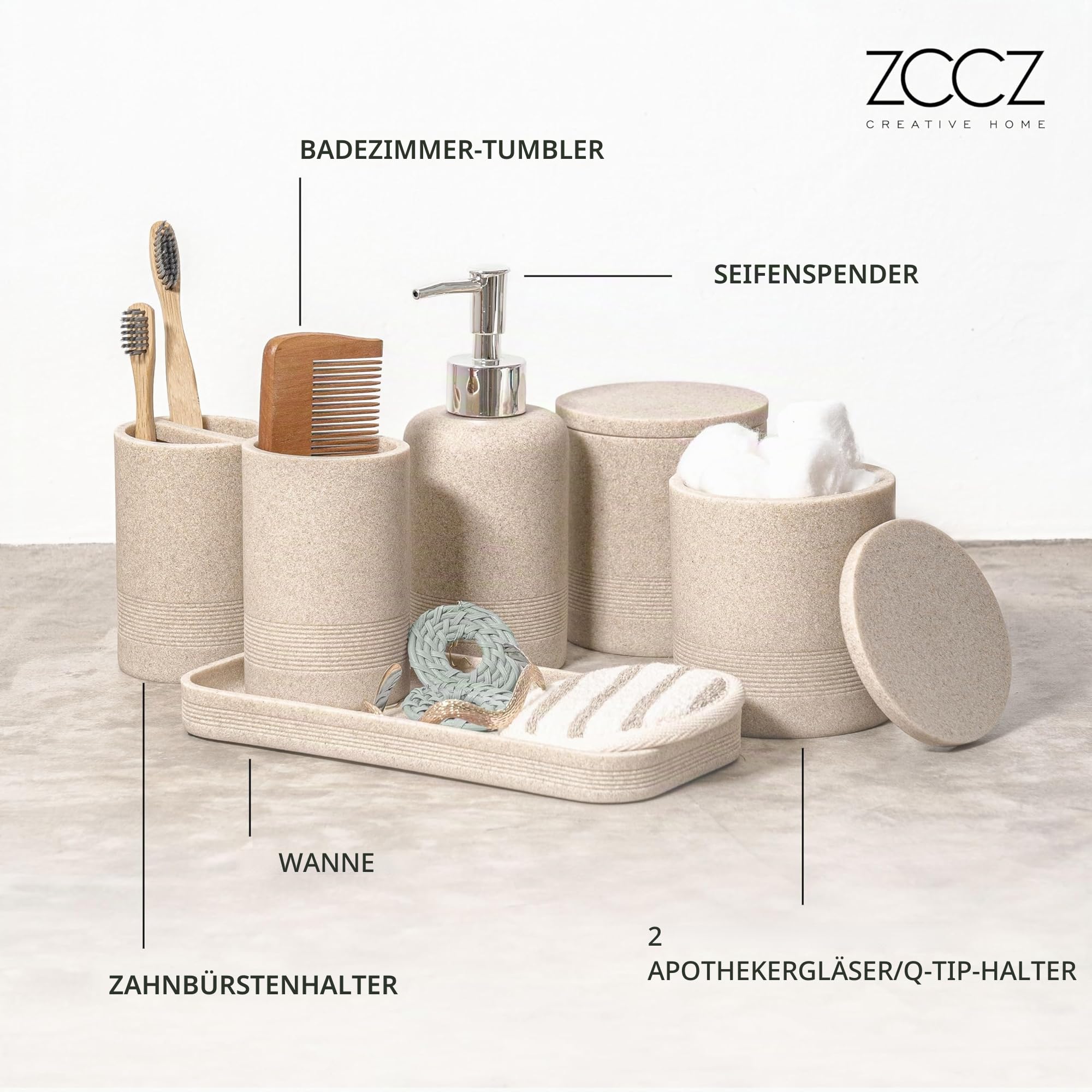 ZCCZ Badezimmer Set – 6 Teile – Badezimmer Organizer mit Zahnbürstenhalter, Seifenspender, Seifenschale, für Kosmetik u. Wattestäbchen – Edle Badezimmer Deko in Marmor-Optik, Sandfarben