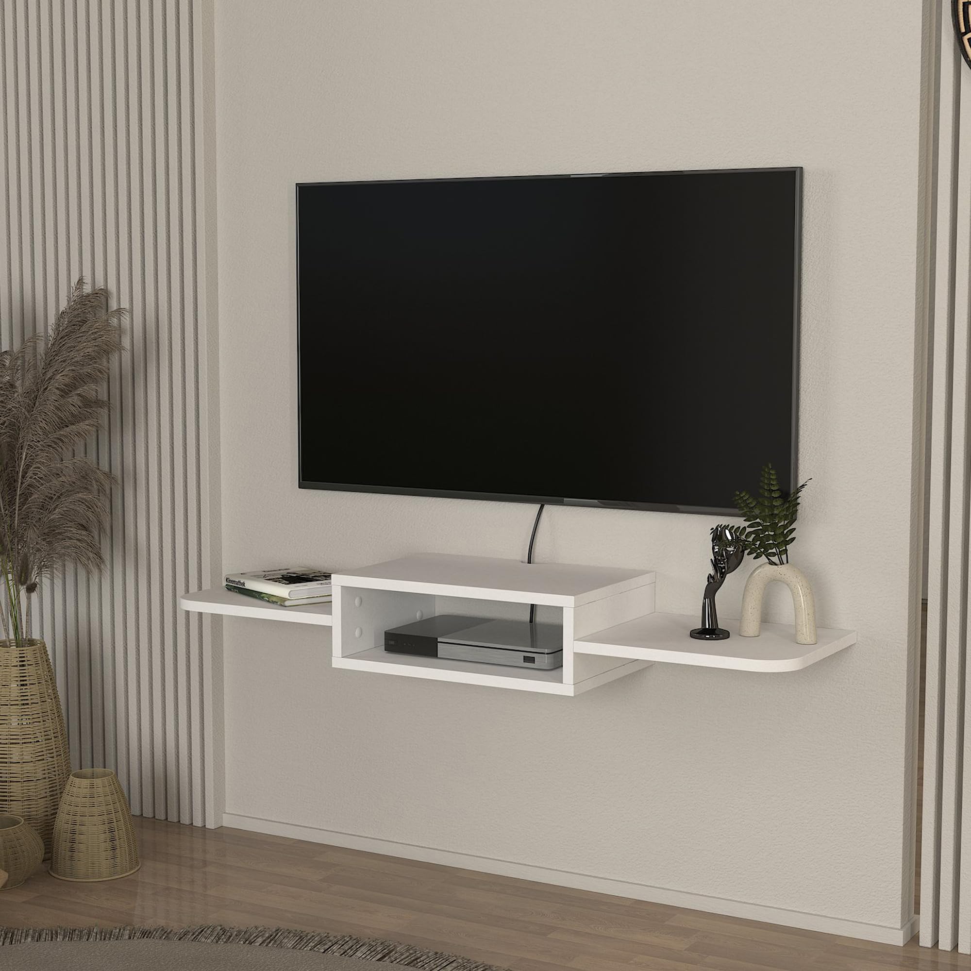 [en.casa] Mobile Porta TV da Parete con Vano Aperto Mensola Sospesa con Ripiani Laterali e Fori Passacavi per Soggiorno Salotto Stand Multimediale 115 x 30 x 16 cm - Bianco