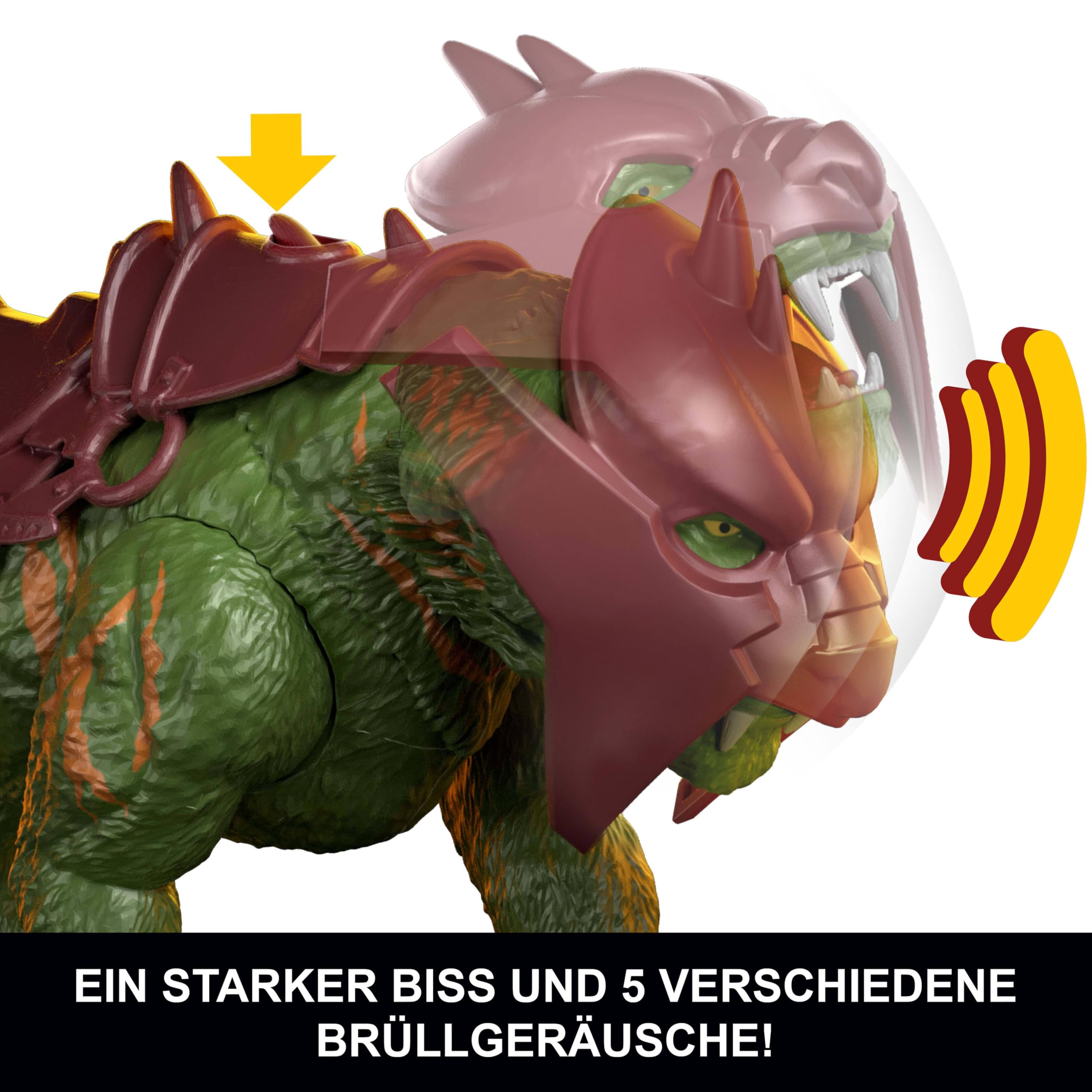 Masters of the Universe Film 2026 Battle Cat Figur mit Beißaction und fünf verschiedenen Brüllfunktionen, ca. 14 cm große Tigerkreatur mit Rüstung, JKJ04