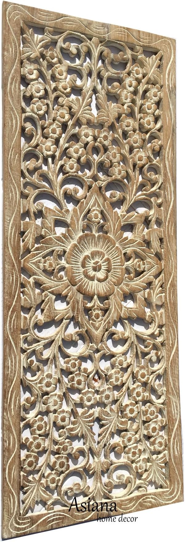 Sunshine Floral Wall Decor. Oriental Wood Carved Lotus Wall Art Panels. Size 35.5"x13.5"x0.5" (White Wash)