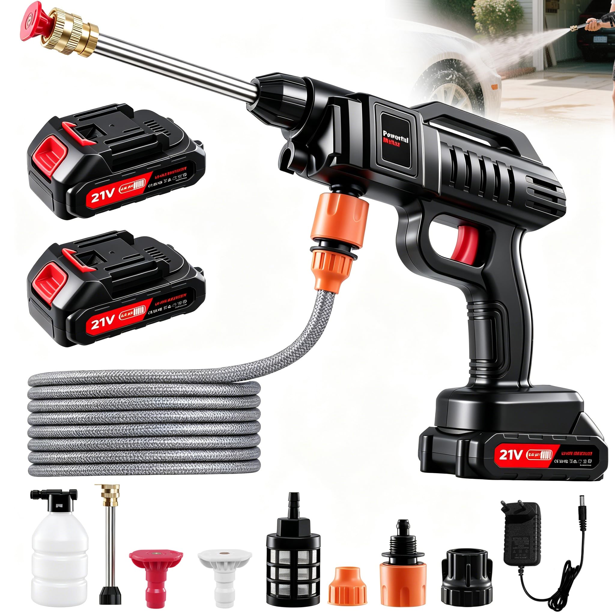 Nettoyeur sans Fil Professionnel 21V - Nettoyage Intensif de Voitures, Terrasses, Piscines & Jardins (60 Bar, Batterie 3000W, Tuyau 5m)