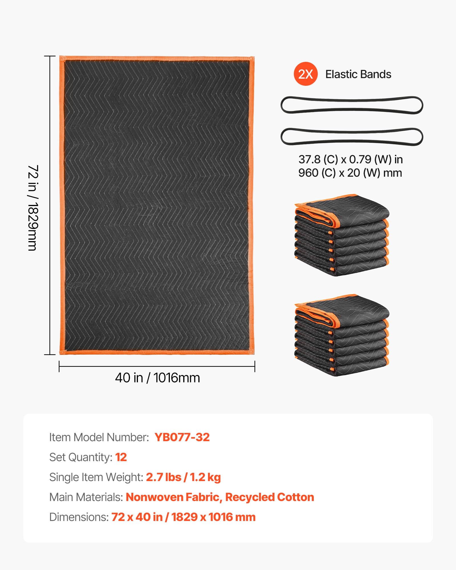 VEVOR Umzugsdecken, 12 Stk., 1829x1016 mm, Verpackungsdecke mit Baumwollfüllung, Möbeldecke, Lagerdecke mit Vliesstoff gepolsterte Packdecke zum Versenden, Verpacken & Schützen von Möbeln