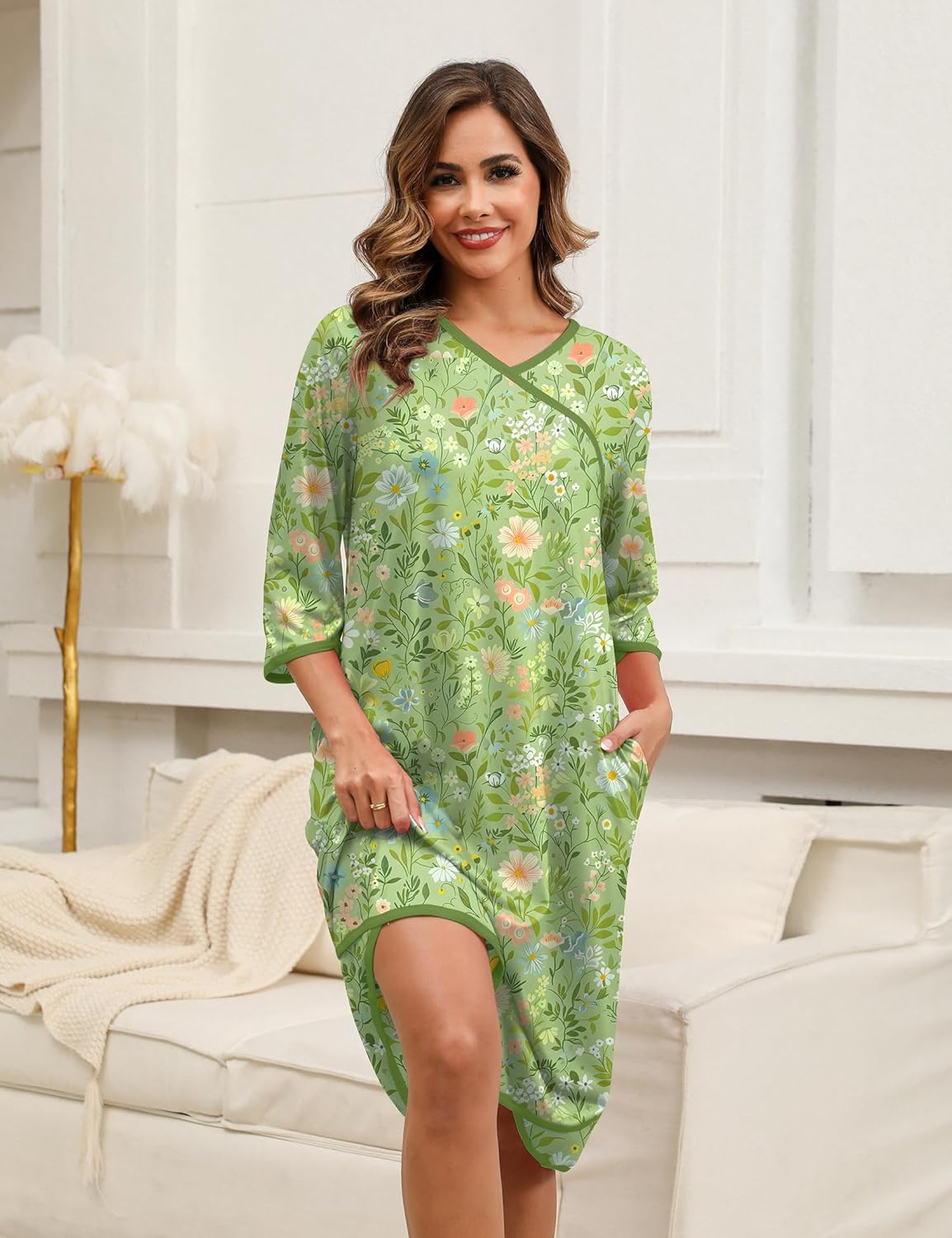 Nightgowns for Women Cotton House Dress 3/4 Sleeves Night Gowns Mumu Sleep Shirt Floral Print Sleepwear with Pockets - Image 3