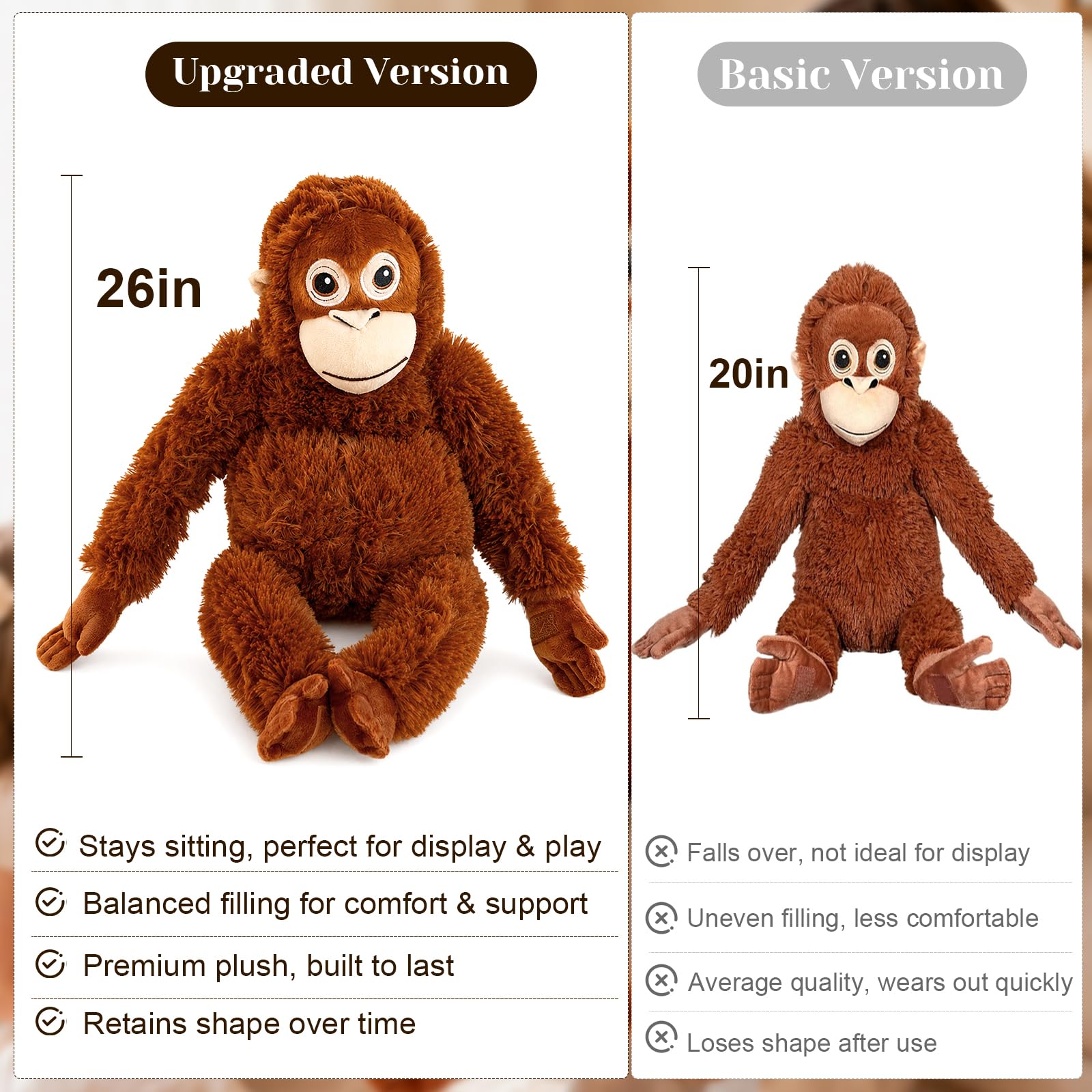 66 cm Punch Affe Plüsch-Affe Stofftier, weicher Orang-Utan-Plüsch mit Klettverschluss Händen und Füßen, umarmbare emotionale Unterstützung, Komfort, Begleiter, Plüschtier, Geschenk für Kinder