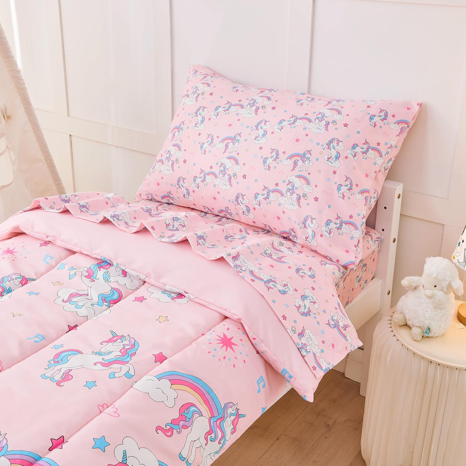 Pink Unicorn Toddler Bedding Set for Girls, 4 Piece Bed-in-a-Bag Toddler Comforter Sets, Super Soft and Comfortable Microfiber Todeeler Bed Set