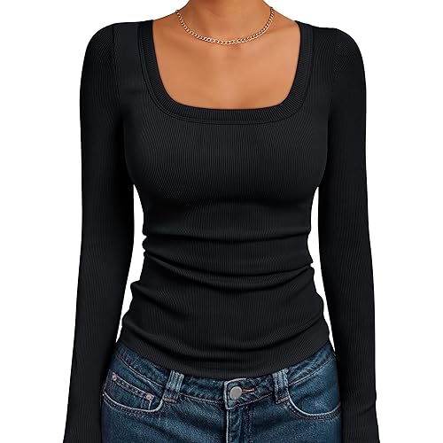 AUTOMET Womens Long Sleeve Shirts Square Neck Tops Ribbed Knit Basic Teen Girls Crop Tops Fall Outfits Fashion Clothes 2025