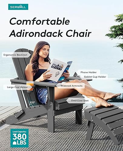 Miniatura 4 de SERWALL - Sillas Adirondack plegables de polietileno de alta densidad con textura de madera, color gris