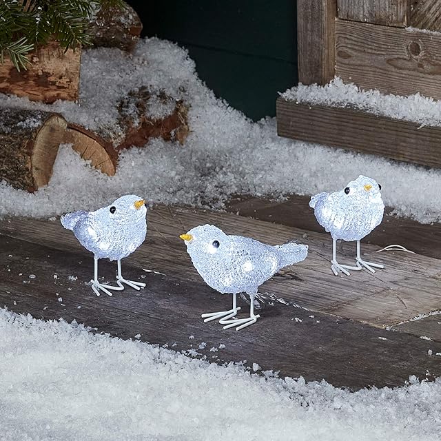 Lights4fun Outdoor Christmas Figure Set of 3 LED Acrylic Birds Garden Decoration Battery Timer IP44