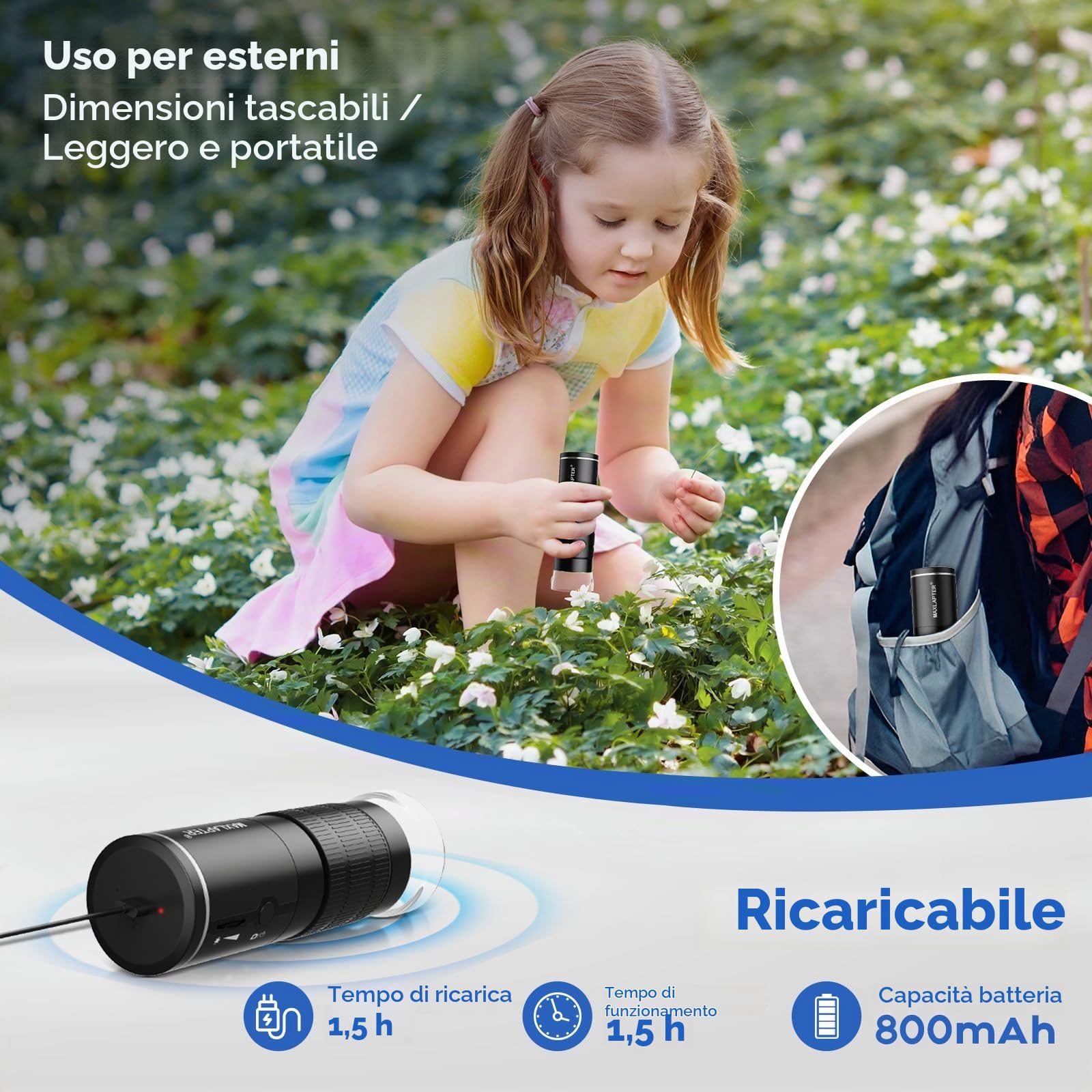 MAXLAPTER Microscopio Digitale WiFi 50X-1000X per Adulti e Bambini, Portatile Microscopio USB con Supporto Metallo, Compatibile con iPhone iPad Android Windows Mac