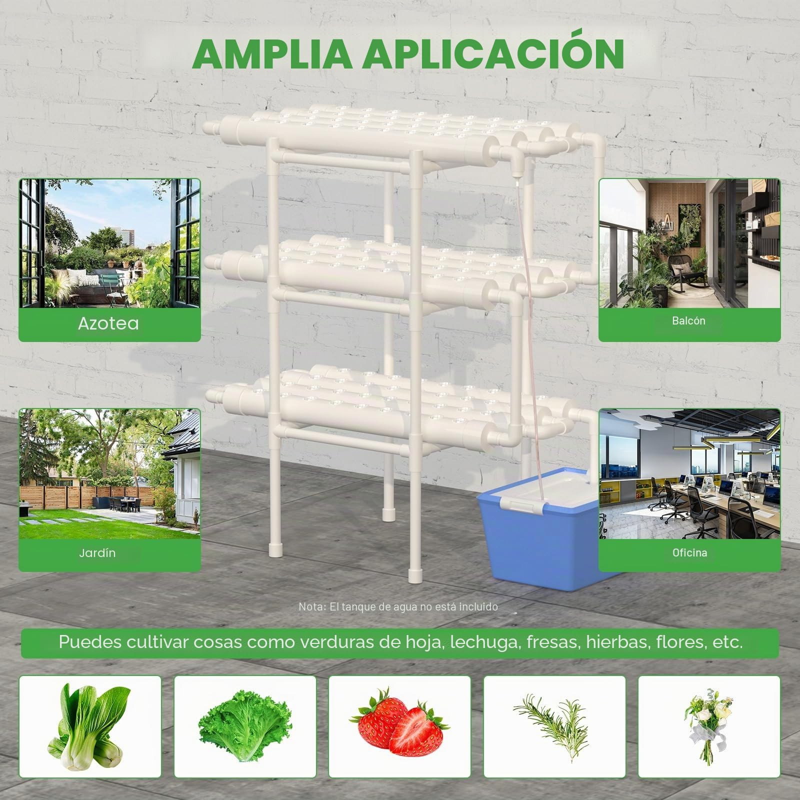 Kit de cultivo de hidropeno Tierra sin cultivo Uso de tubo en U de PVC con dispositivo de temporización 3 capas 108 agujeros hidroponía sin tierra sistema de crecimiento hidropónico