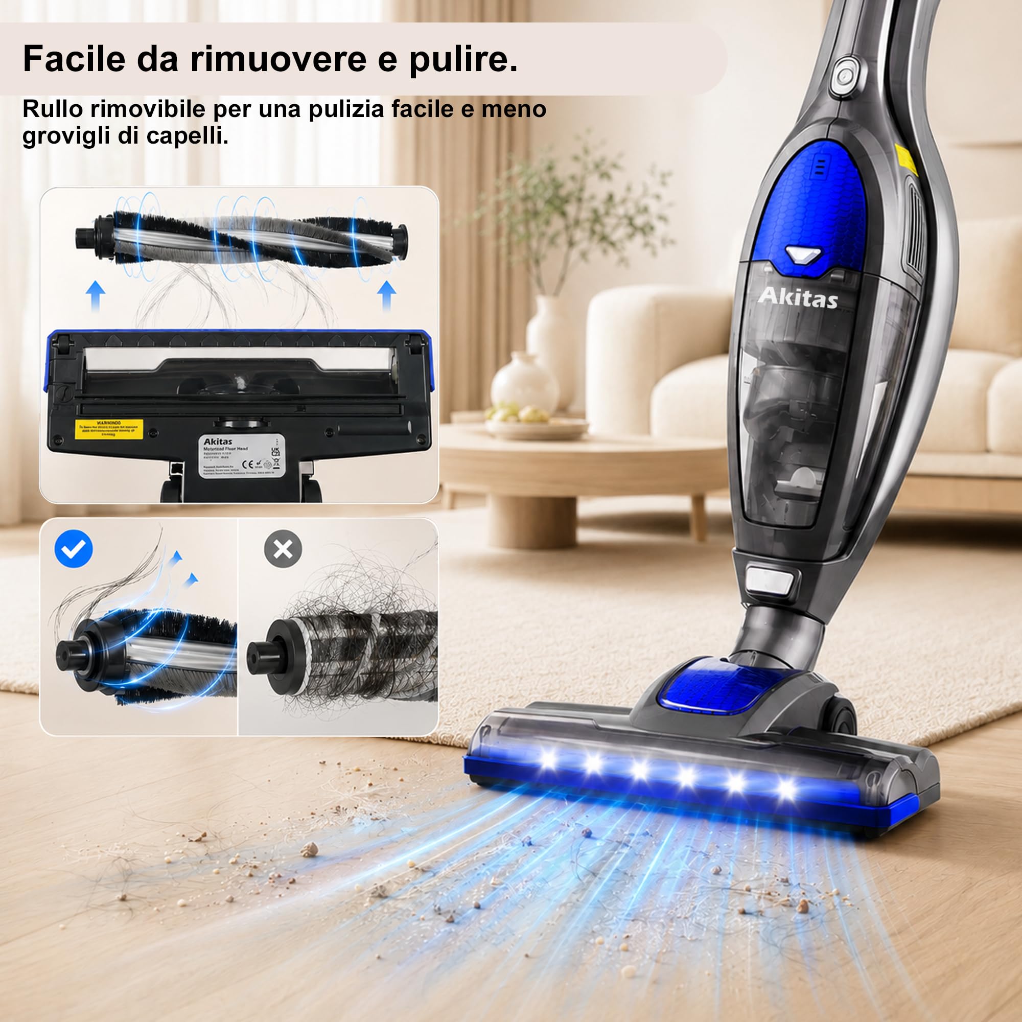 Akitas U10A 2in1 Potente Aspirapolvere Senza Fili Scopa Elettrica Verticale a Batteria Leggero 22,2v 150W con Batteria al Litio Ricaricabile per Pavimenti, Tappeti e Peli degli Animali Domestici