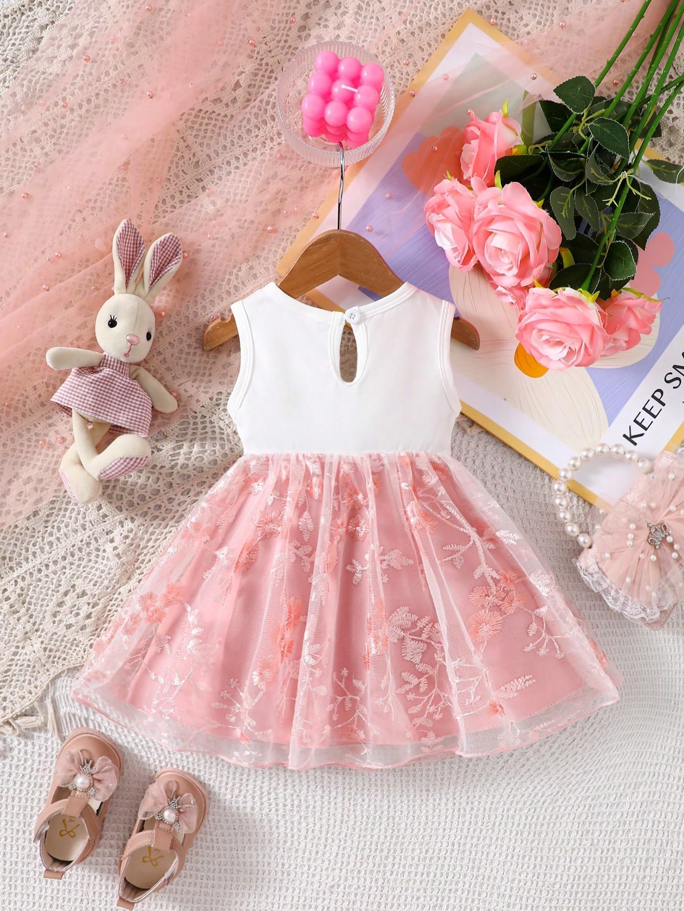 Vestido de tul floral para niña, cuello redondo, detalle de lazo, traje de bebé de una pieza con diadema — view 2
