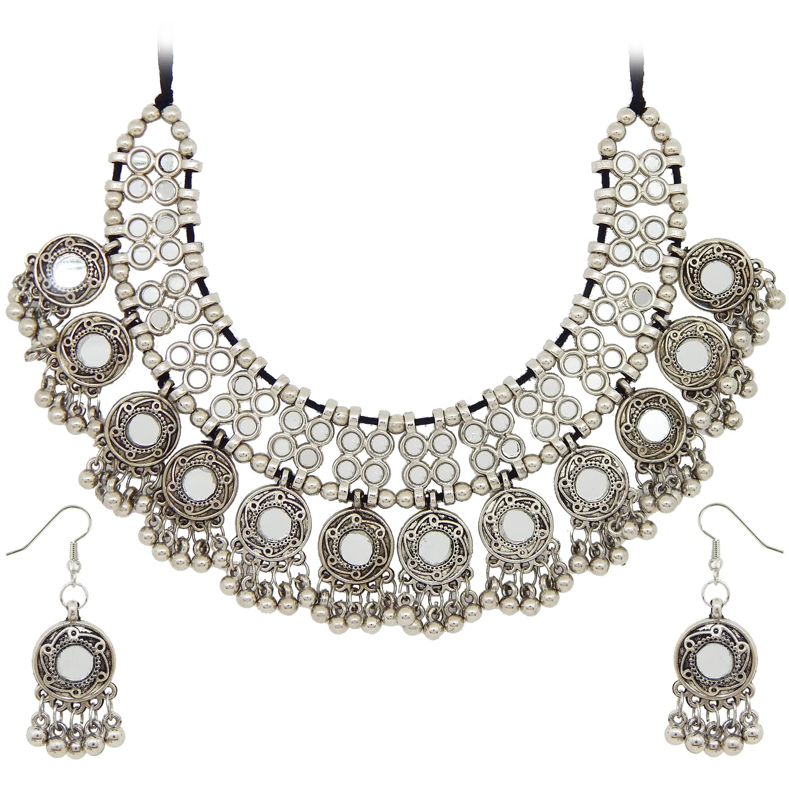 Fresh Vibes Black Metal Oxidised Mirror Work Necklace Set for Women - Antique Silver Metallic Choker Jewellery Set (B09QJ4857Z) Amazon Price History, Amazon Price Tracker