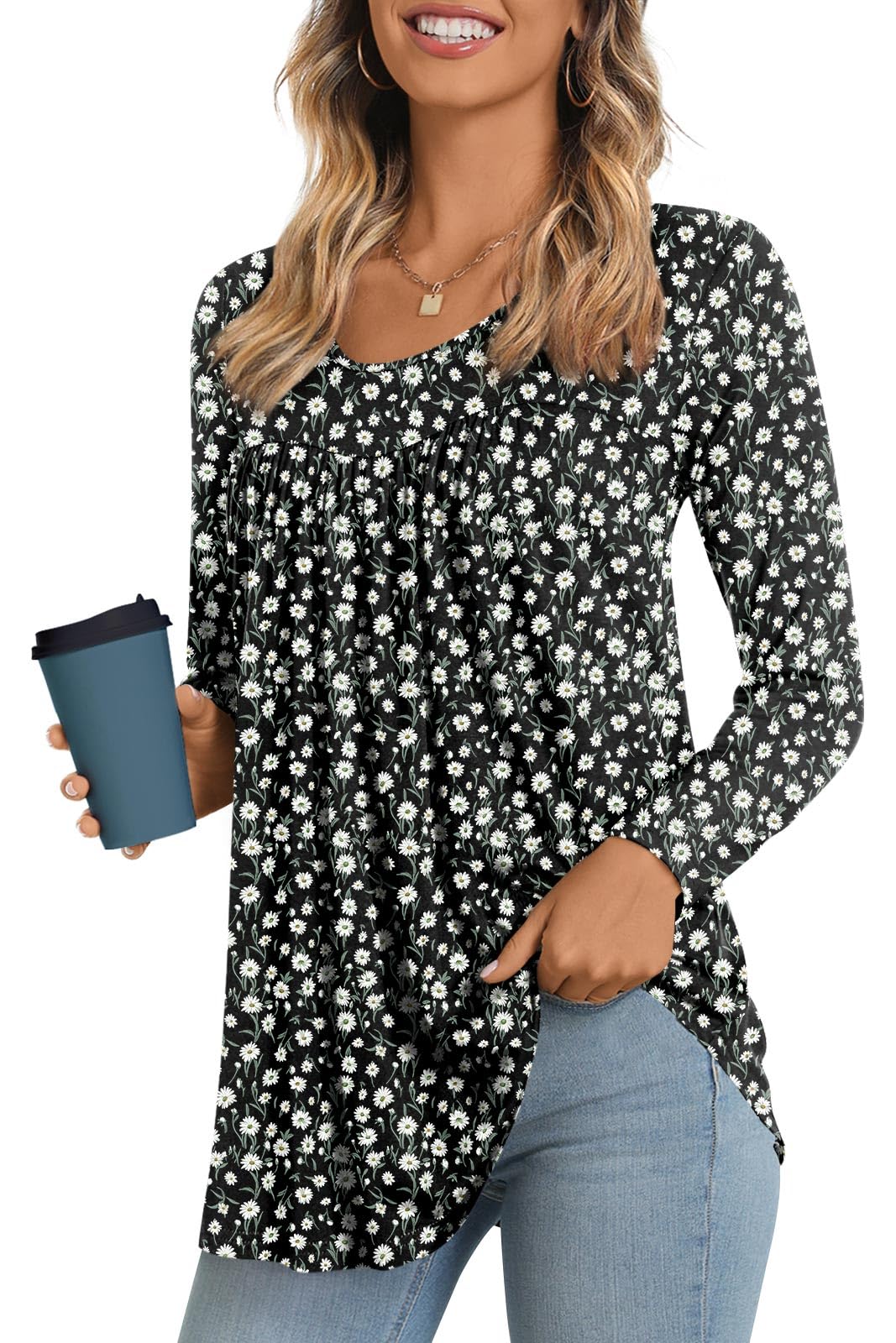 LONGYUAN Women's Long Sleeve Casual Tunics Tops 2025 Winter Loose Shirts Flare Blouse Comfy Elastic Cute