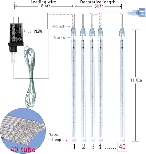 Miniatura 5 de Luces de carámbano de Navidad azules para exteriores 40 tubos (equivalente a 5 juegos de 8 tubos), luces de lluvia de meteoritos  Decoraciones de