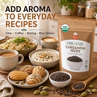 SPICY ORGANIC Premium Decorticated Organic Cardamom Seeds 100% USDA Organic - Perfect for enhancing the taste of a variety of dishes such as baked goods, beverages, curry blends, and meat dishes- 4 Oz.