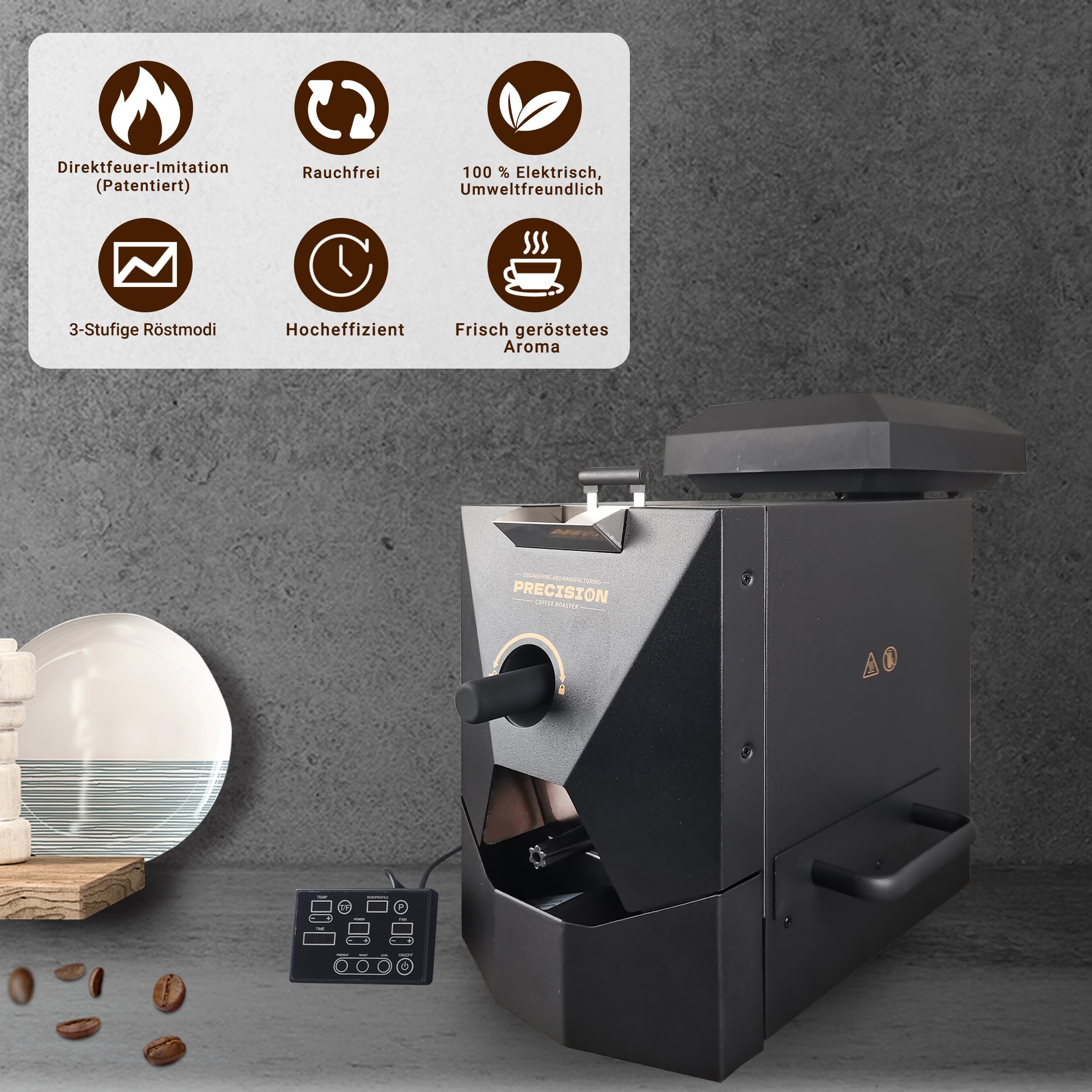 500g Elektrische Kaffeeröstmaschine – Ideal für den Heimgebrauch. Ausgestattet mit intelligenter Automatik, 9 voreingestellten Röstprofilen, manuellem Modus, Spreuabsaugsystem und Kühlfunktion
