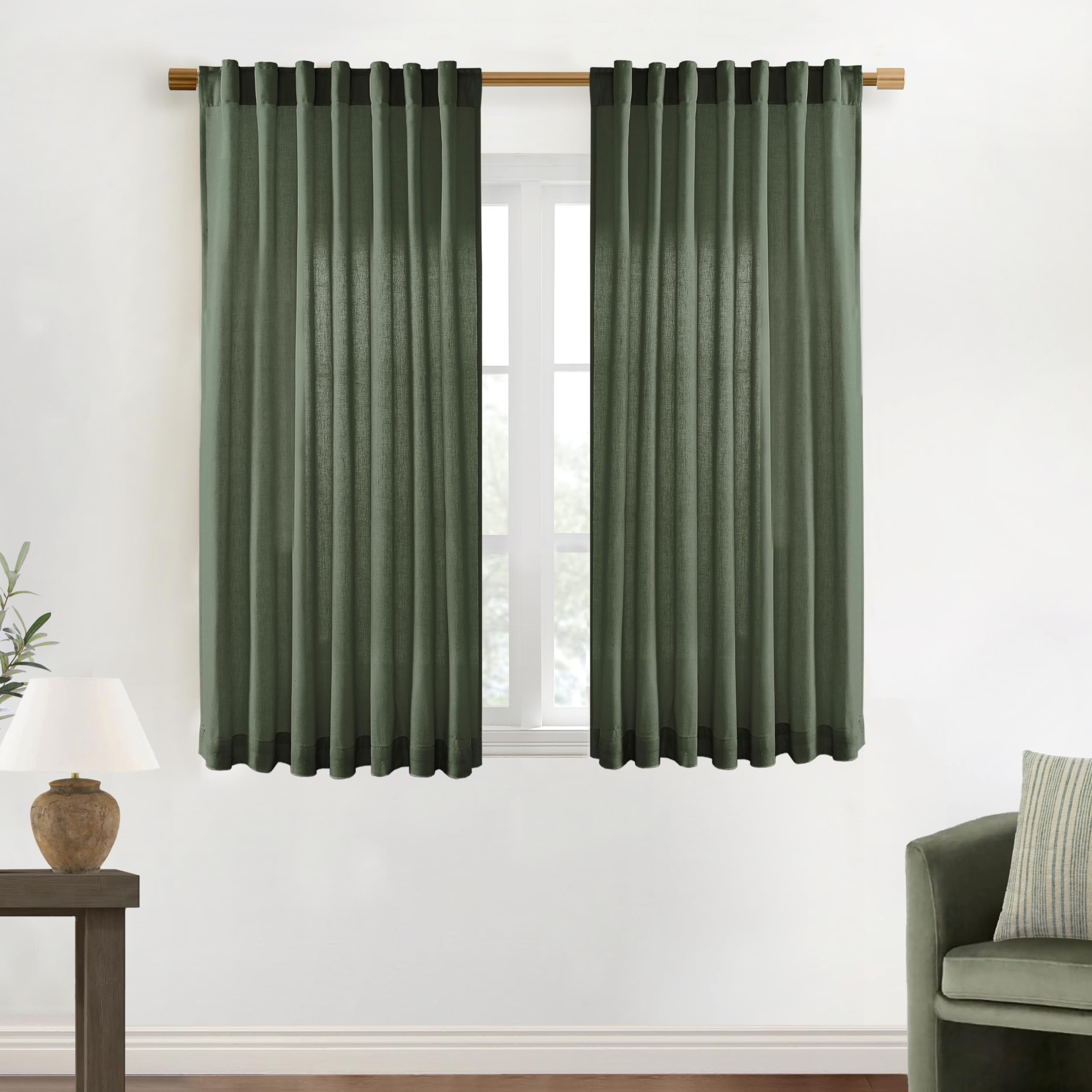 XTMYI Short Curtains for Bathroom Window,Dark Olive Green Boho Bathroom Decor Shower,Sheer Linen Kitchen Curtains,45 Inch Length