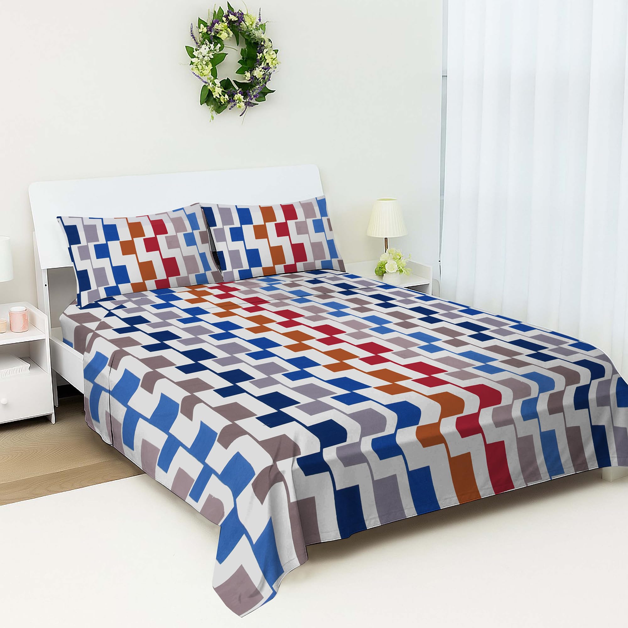 Bloombedding Printed Double Flat Sheet Bed Set | Cozy Single Flat Sheet with Pillowcase | Strong, Lightweight & Easy Care Bedding