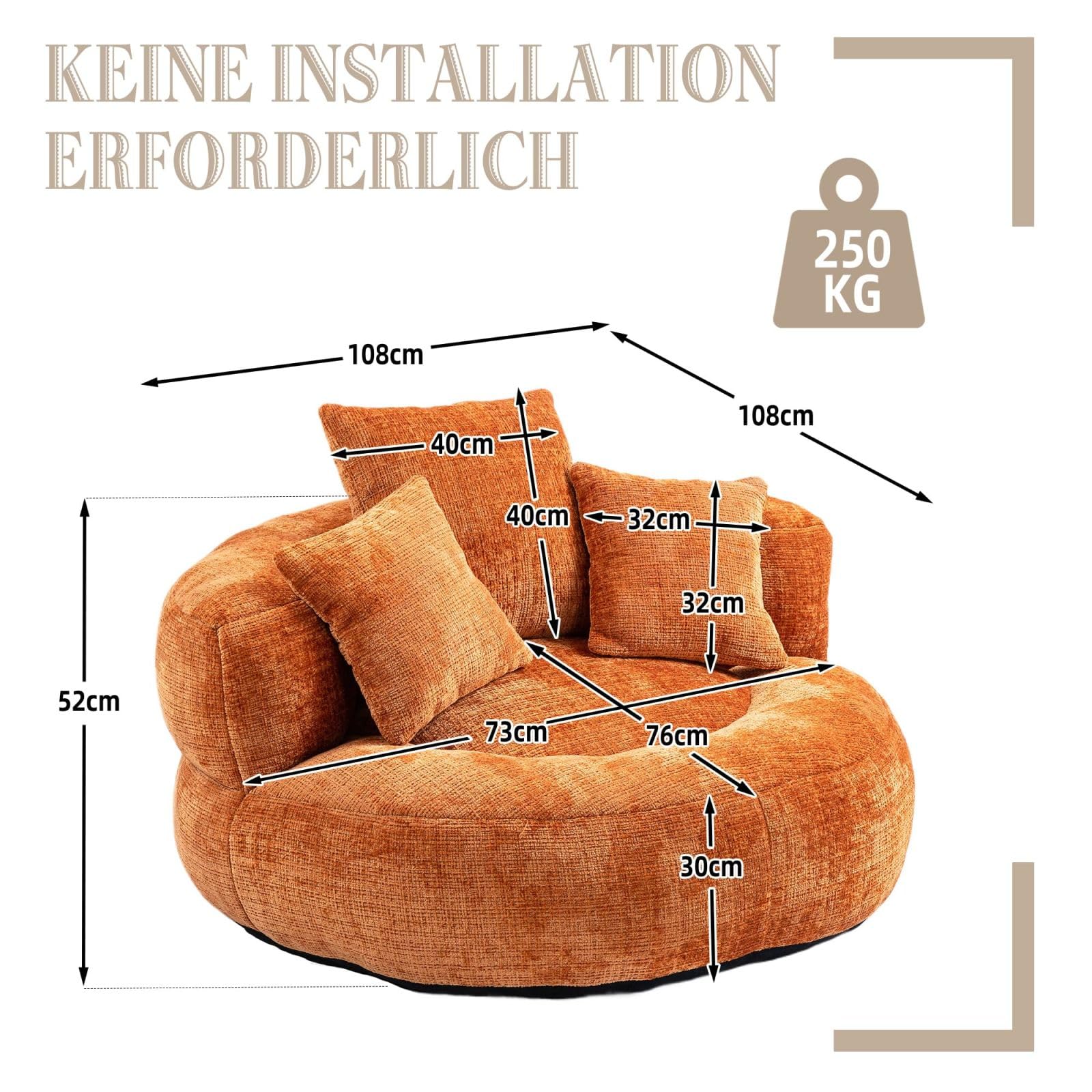 Sitzsack Cord mit hoher Rückenlehne 3 Kissen