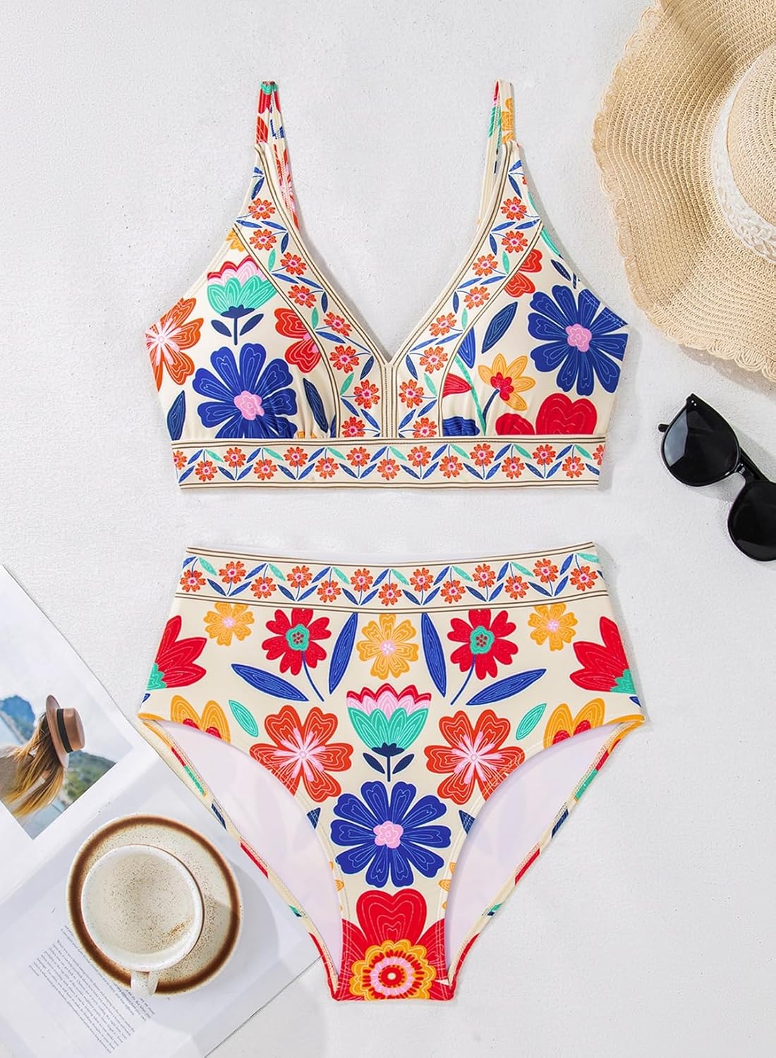 Herseas Women's Floral Print High Waisted Bikini Sets V Neck Swimsuits Bathing Suits 2026 Beach Swimwear