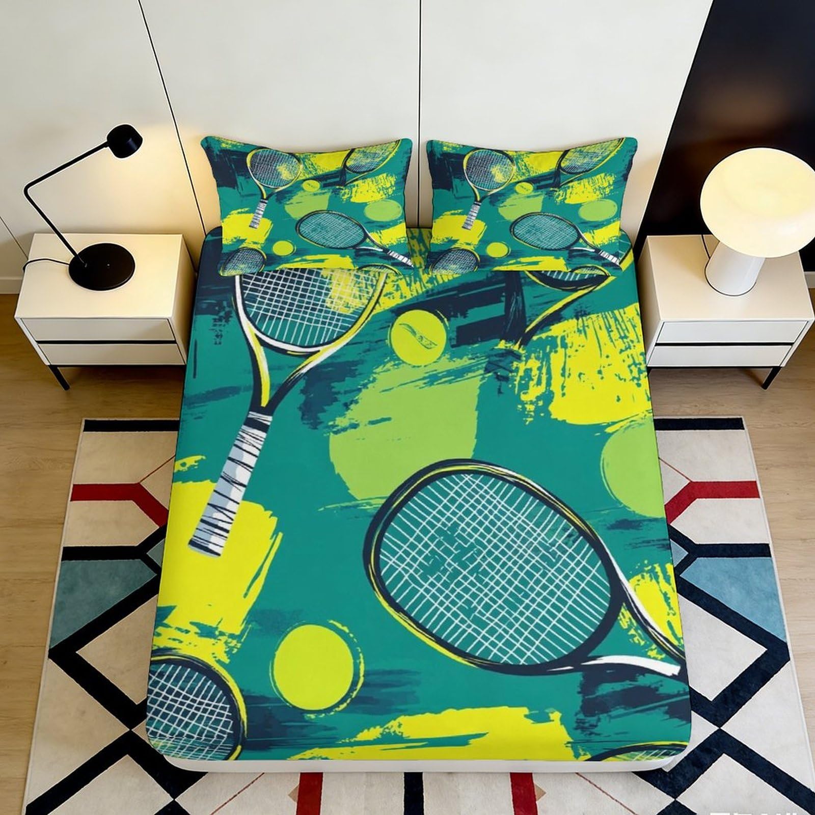 3D Printed Tennis Racket Fitted Sheet Microfiber Vibrant Sports Bed Cover for Bedroom Guest Room Decor Easy Care 90x200x25cm