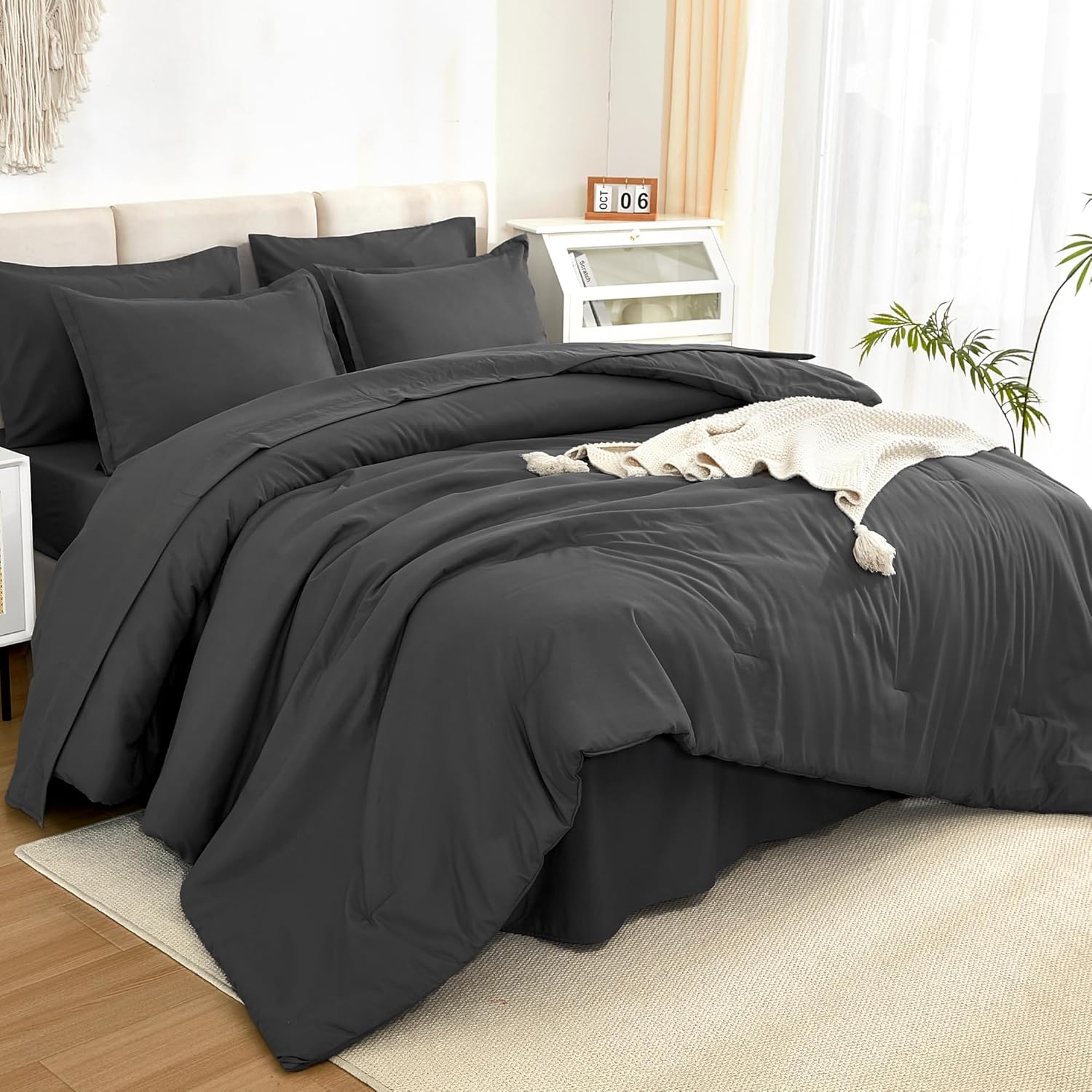 Litanika Comforter Queen Size Set Dark Grey - 7 Pieces Bed in a Bag Queen Beddding Comforter Sets, Plain Lightweight Bed Set with Comforter, Sheets, Pillowcases & Shams Queen (90"x90") Dark Grey