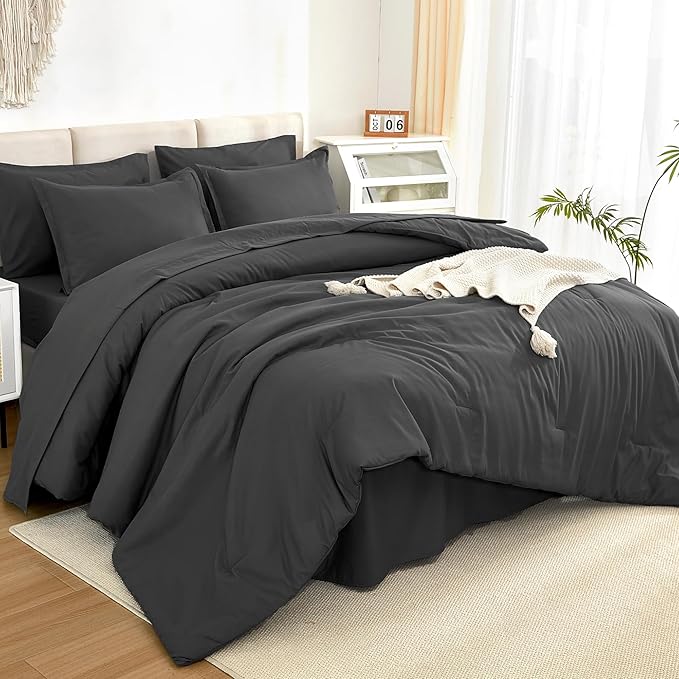 Litanika Comforter California King Size Set Dark Grey - 7 Pieces Bed in a Bag California King Bedding Comforter Sets, Plain Lightweight Bed Set with Comforter, Sheets, Pillowcases & Shams