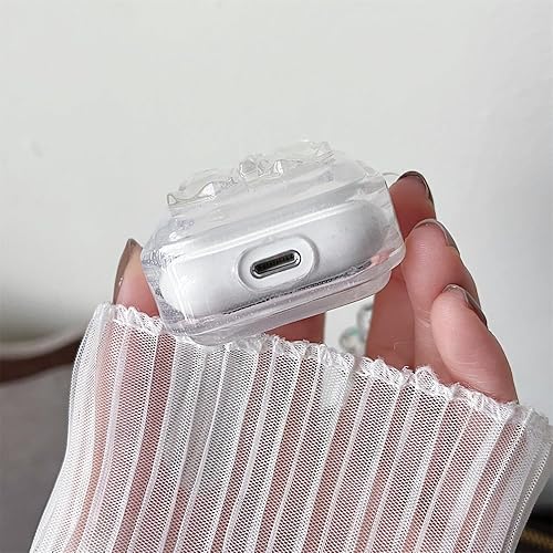 Miniatura 6 de MINSCOSE Funda transparente compatible con AirPods 1 y 2, bonito diseño de lazo de cristal 3D con llavero de cuentas de corazón, funda protectora de
