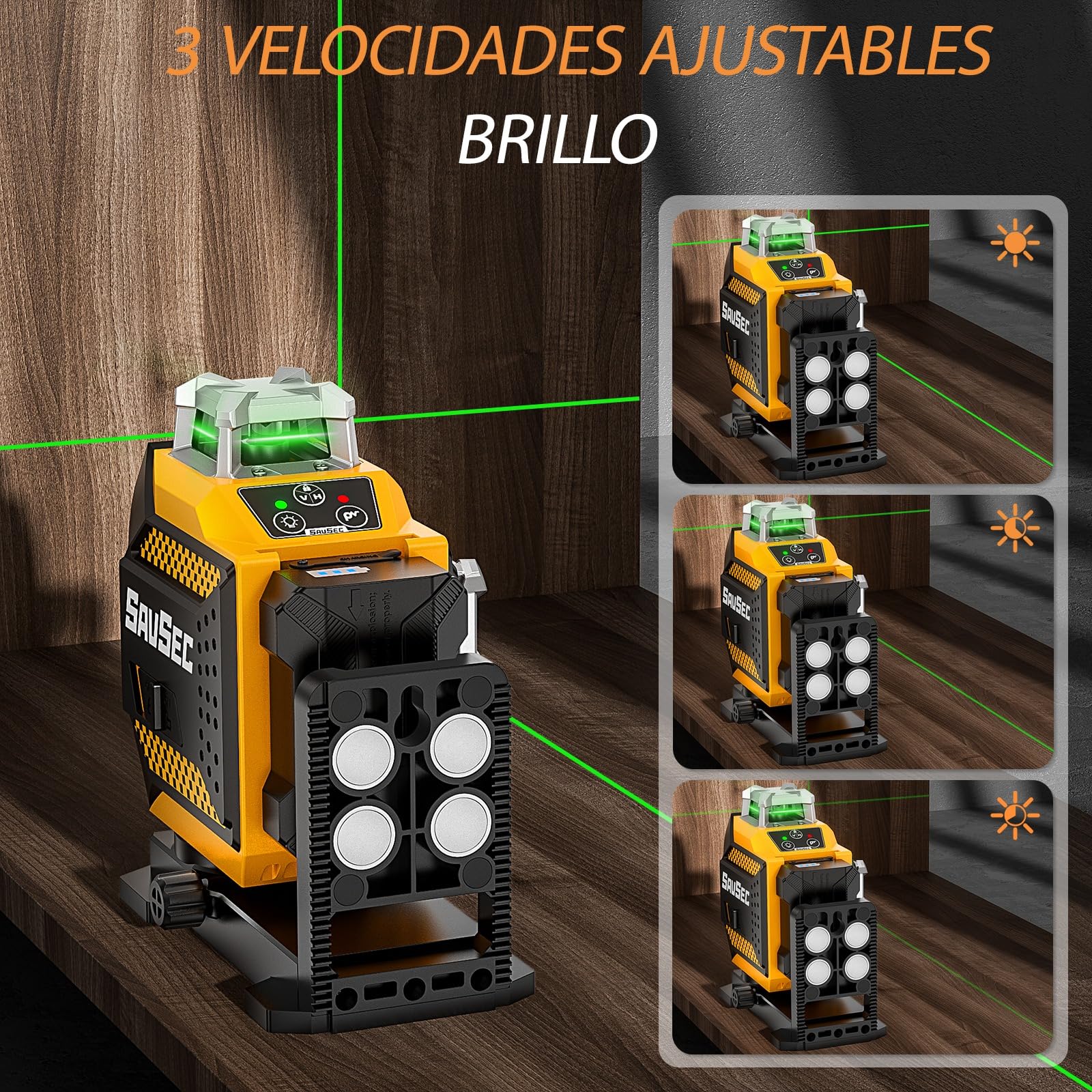 Laser a linee incrociate SAVSEC 3x360, laser a linee autolivellanti verdi 3D con modalità a impulsi, luminosità regolabile su tre livelli fino a 10 ore con batteria al litio ricaricabile (703CG-S)