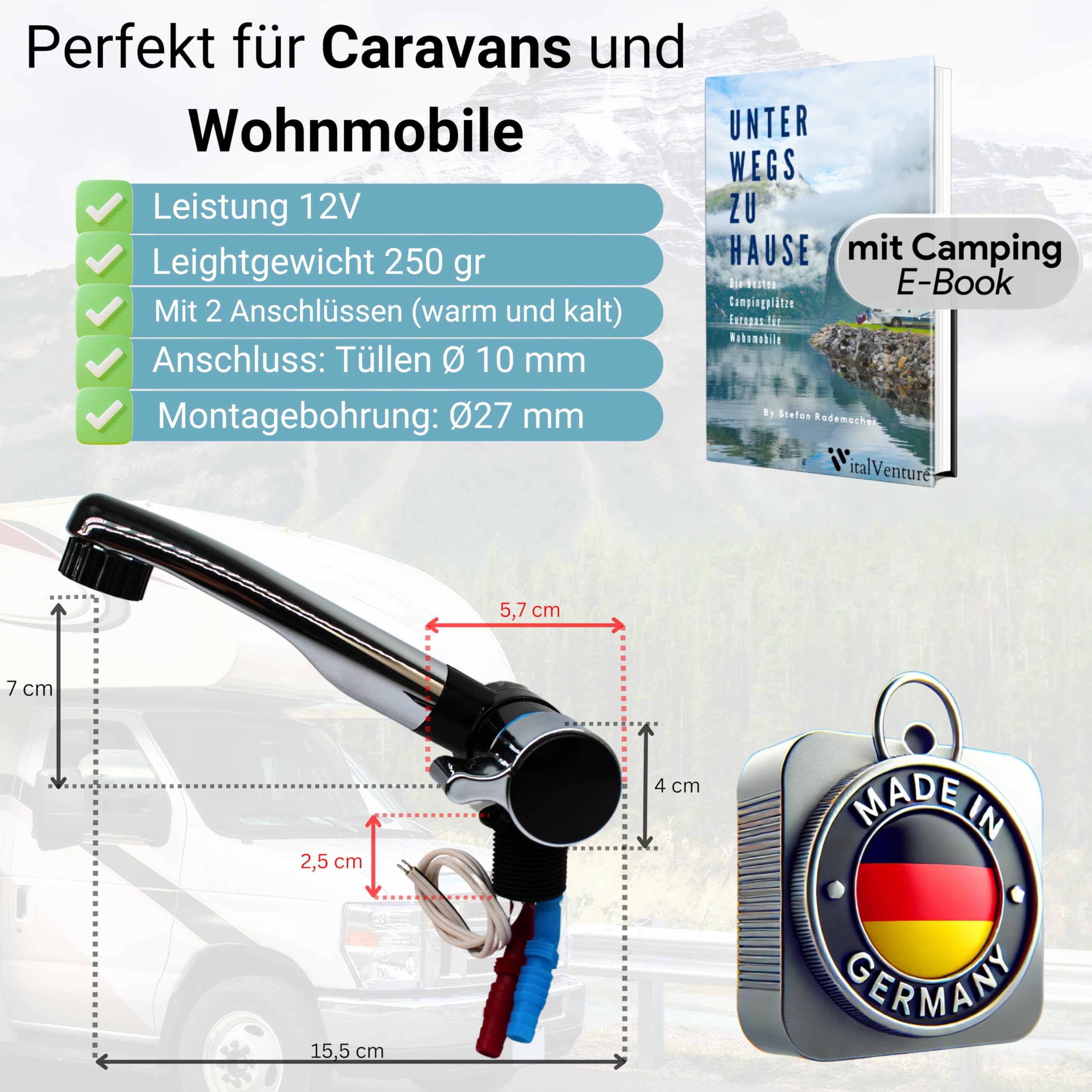 Comet Robinet de camping 12V London pour caravane - Avec 2 raccords (chaud et froid), noir/chrome, robinet compact avec pompe, idéal pour lavabo