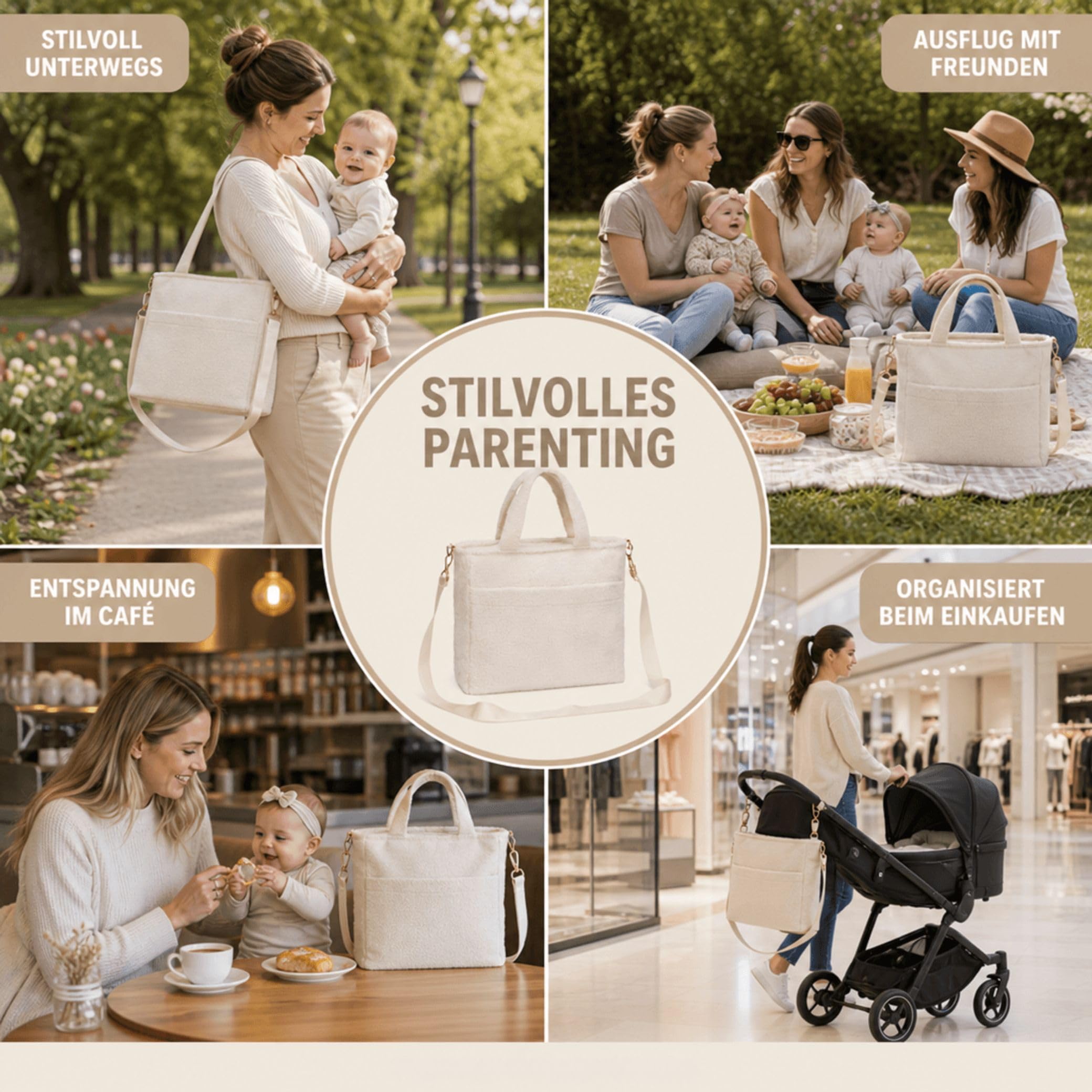 Fillikid Wickeltasche Teddy Big Exklusiv | Stilvolle Wickeltasche aus weichem Teddy-Material | Mit goldenen Details Wickelauflage, Schultertragegurt & Befestigungshaken für Kinderwagen und Buggys