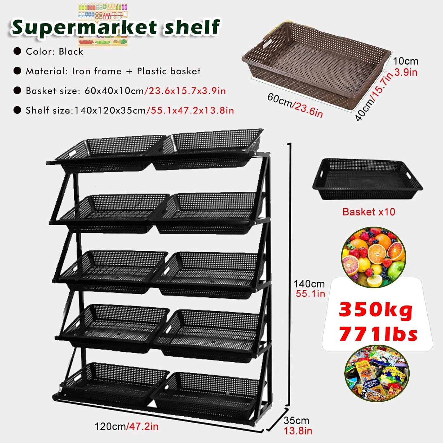 Free Standing Supermarket Snack Candy Display Organizer for Kitchen/Store/Garage, 5 Layer Retail Display Rack Market Shelf with 10 Baskets, Produce Basket Storage Mesh, Metal Frame(Black)