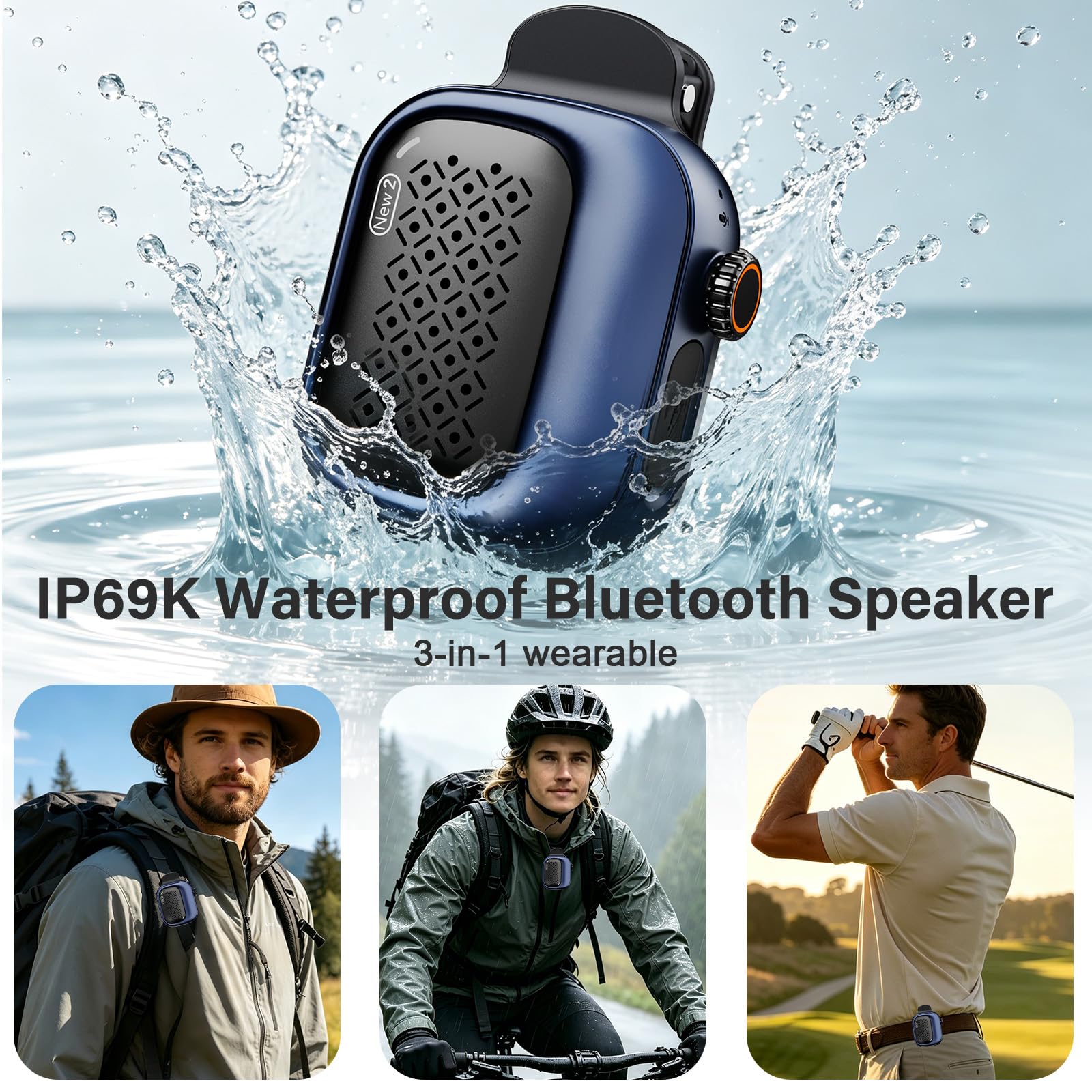 SBUSFGT Altoparlante Bluetooth indossabile, impermeabile IP69, a clip, 3 modi indossabili, ultraleggero, antipolvere, resistente alle alte temperature, per escursioni, nuoto, doccia, attività
