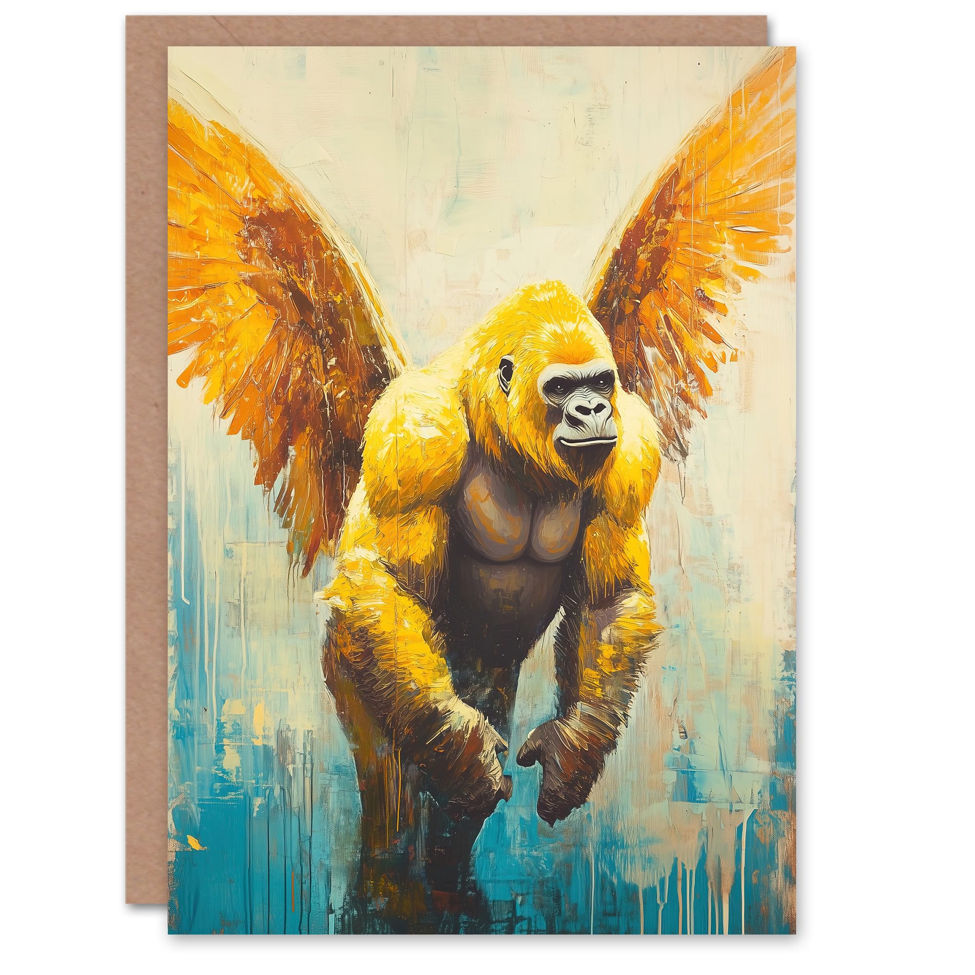 Artery8 Greeting Card Golden Yellow Gorilla Angel Wings Oil Painting Blank For Him Or Her Art Birthday Card