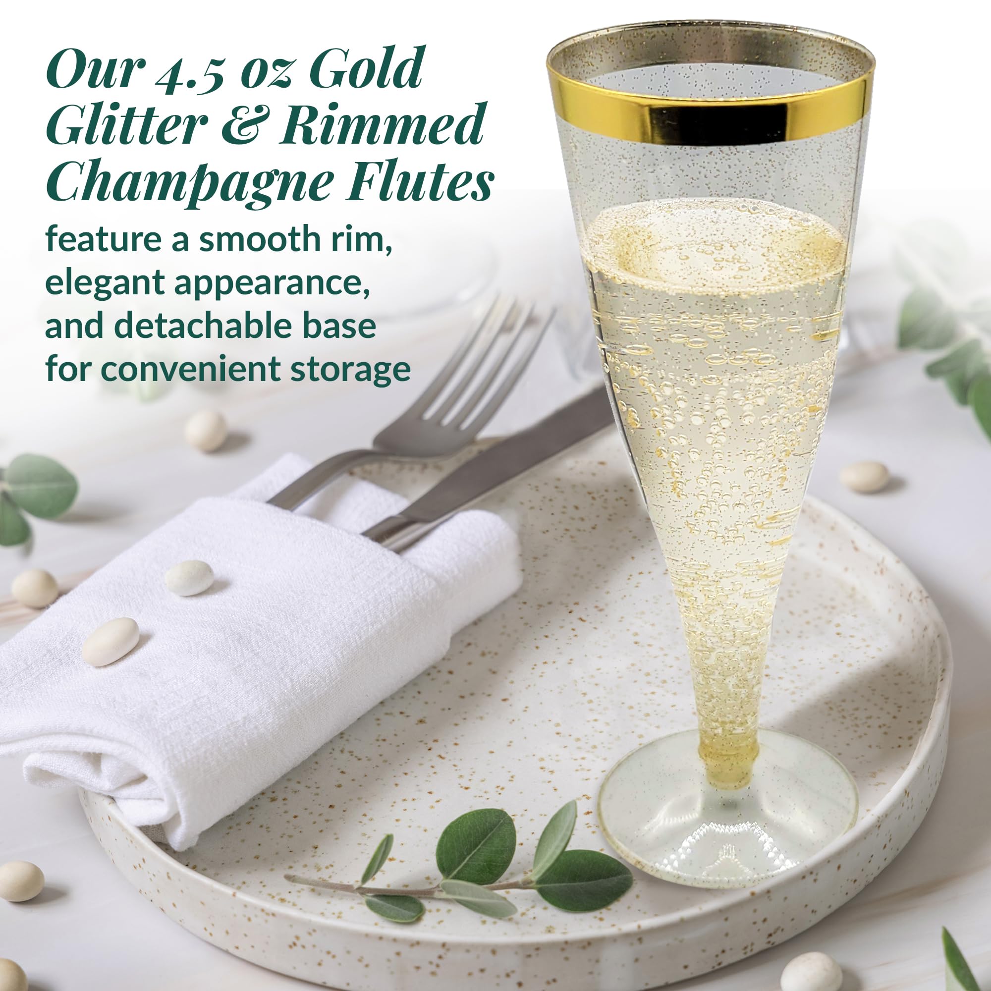 Reli. Copas de champán de plástico (paquete de 50, 4.5 onzas), borde dorado y purpurina, copas de champán desechables para champán, mimosa, cóctel, boda, copas de champán de plástico sin BPA