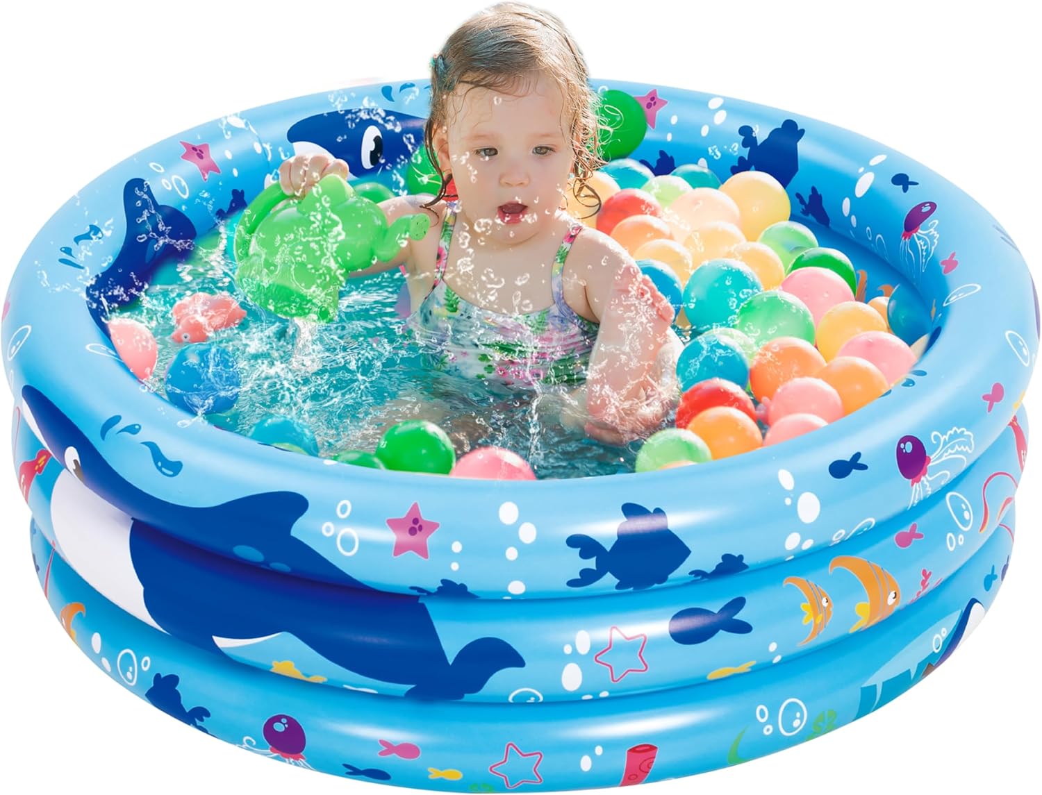 Sloosh 34x10 Inflatable Kiddie Pool for Toddlers - 3-Ring Blue Whale Baby Pool, Ball Pit, Dog Pool for Backyard Summer Fun