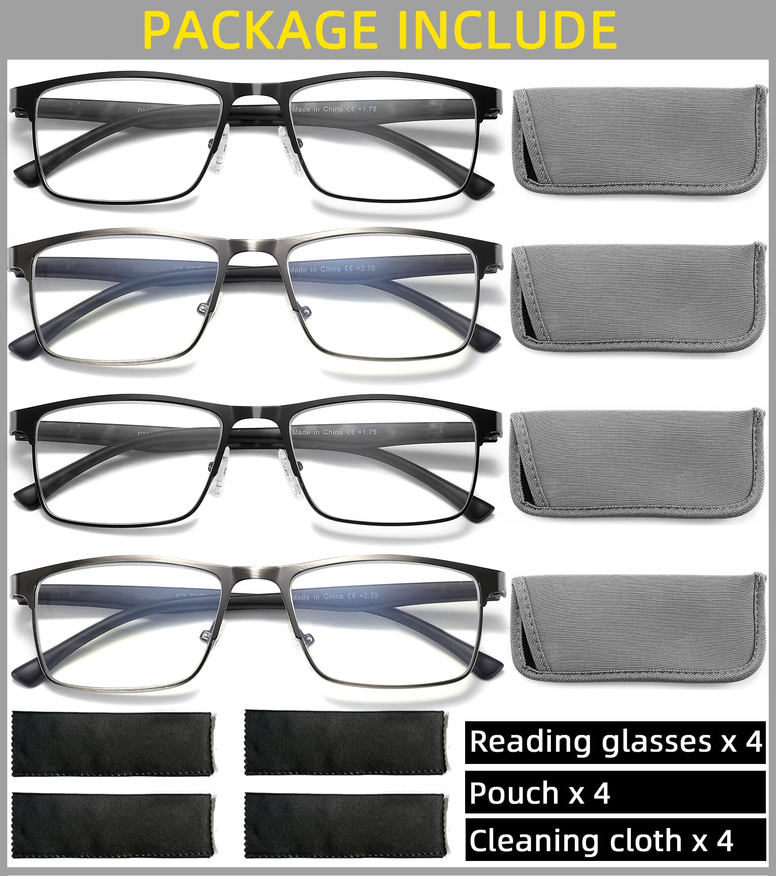 Dilly Vision 4 Stück Lesebrille Herren Blaulichtblock Feder Scharnier Stilvoller Metallrahmen Herren Brille mit Anti-Anlauffilter