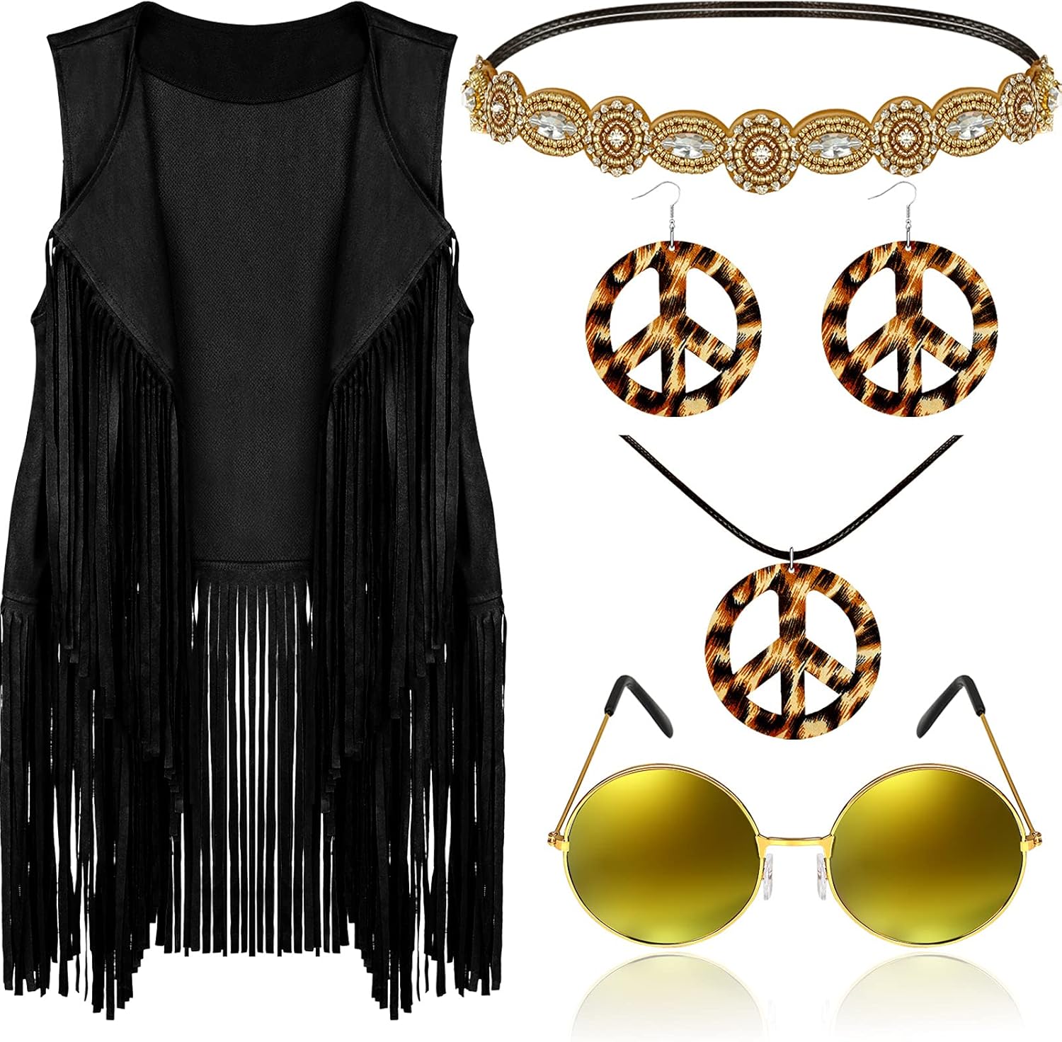 6 Pieces 60s 70s Hippie Costume Accessories Peace Sign Boho Set (Large, Black) : Toys & Games