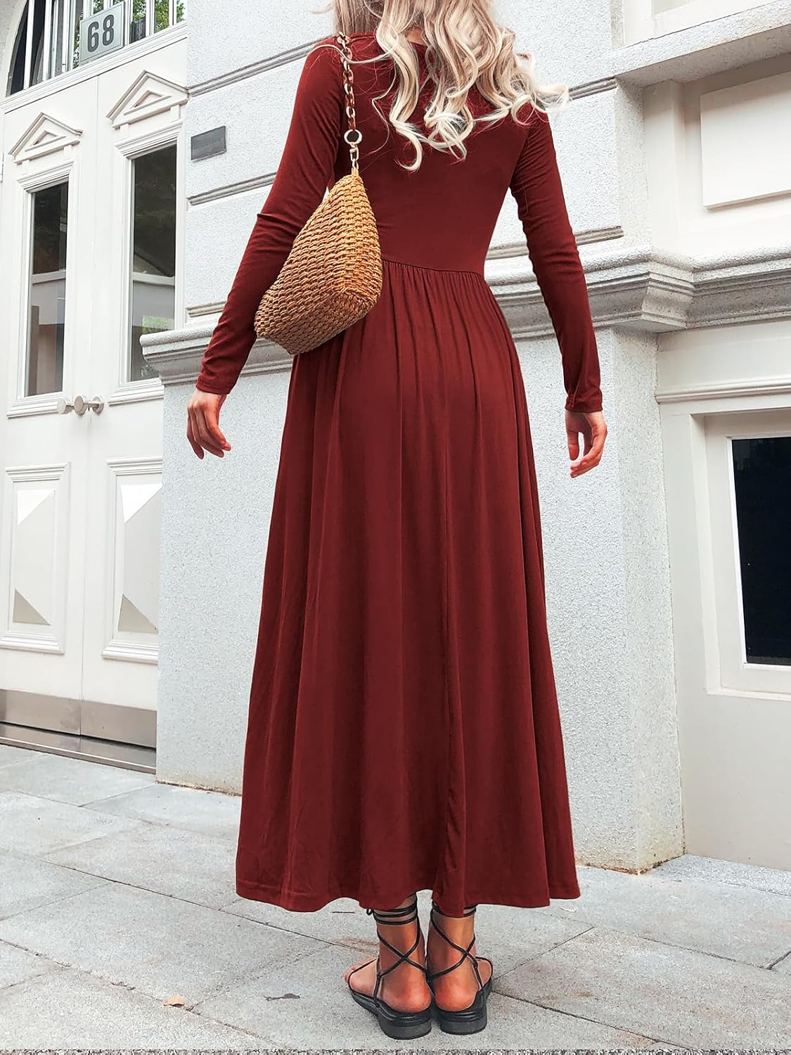 Long Sleeves Maxi Dress for Women A Line 2025 V Neck Casual Button Boho Tshirt Long Dress with Pockets - Image 3